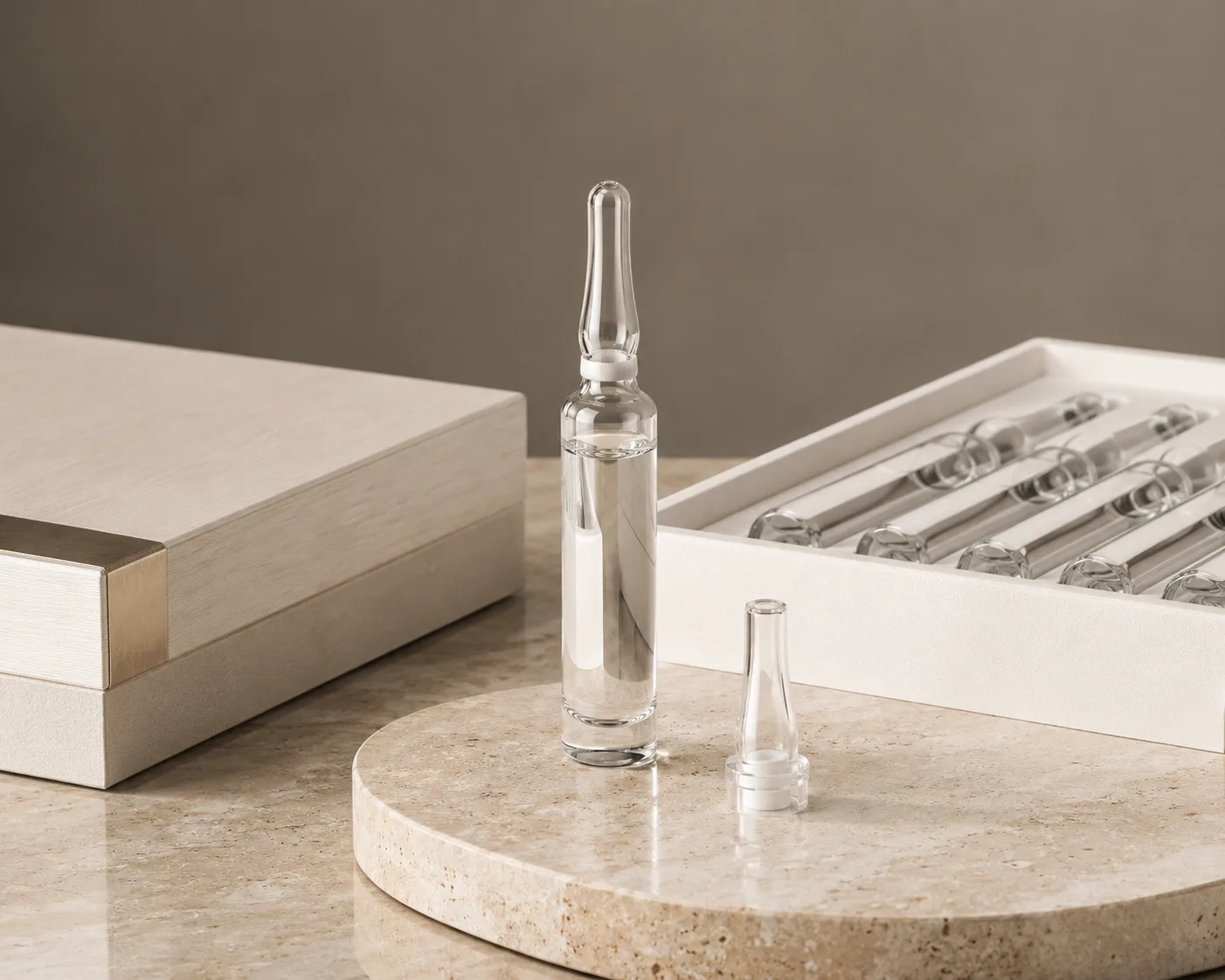 Ampoule cosmétique en verre dans un présentoir d'emballage cosmétique pour formules de soin concentrées et programmes d'échantillons.