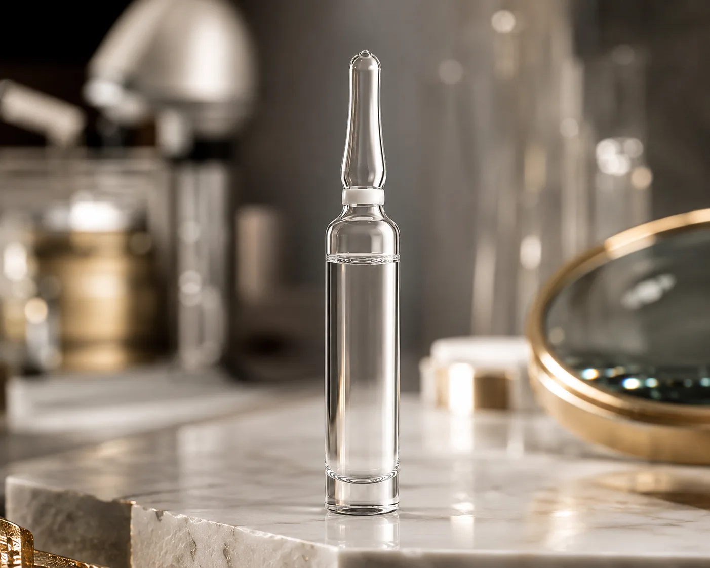 Ampoule cosmétique en verre montrée sous un angle secondaire avec le profil du contenant visible.