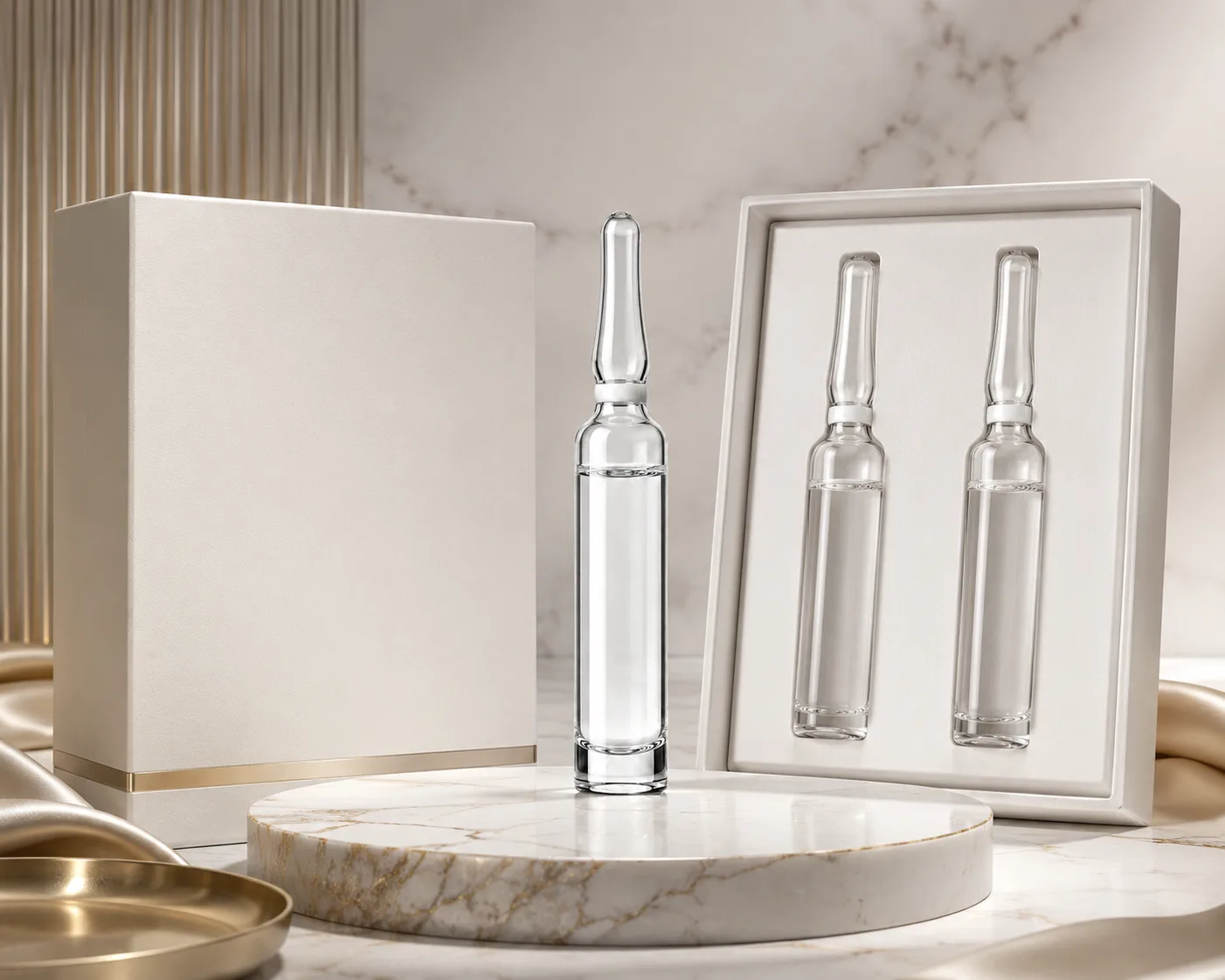 Ampoule cosmétique en verre dans une présentation d'emballage de soin coordonnée.