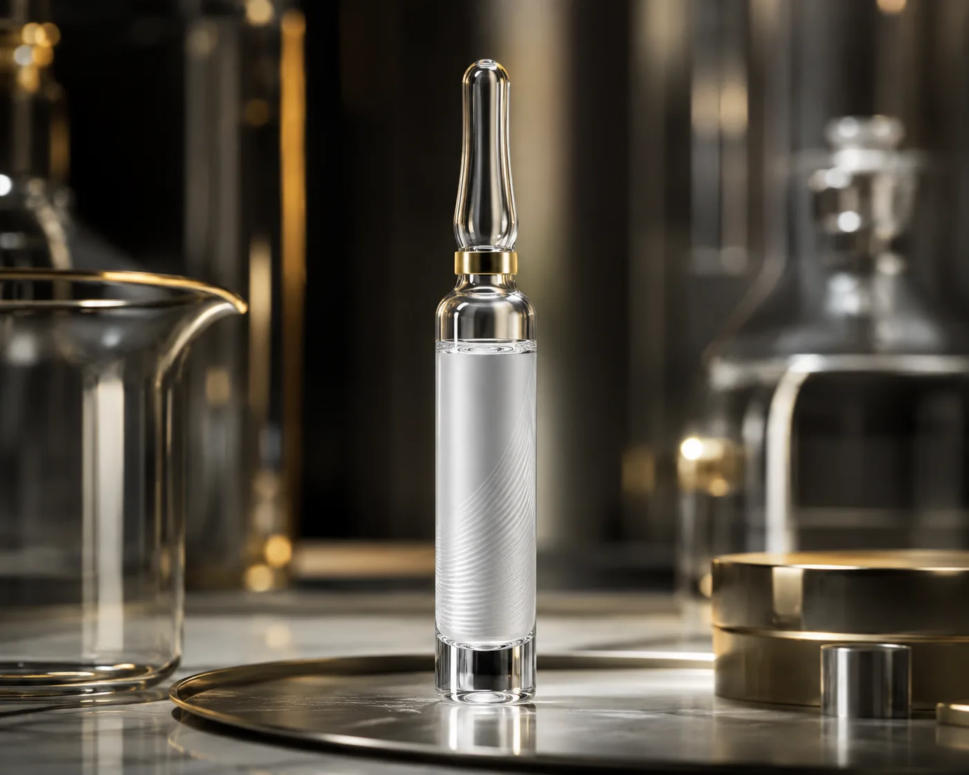 Gros plan de l'ampoule cosmétique en verre montrant la surface et la zone de fermeture.
