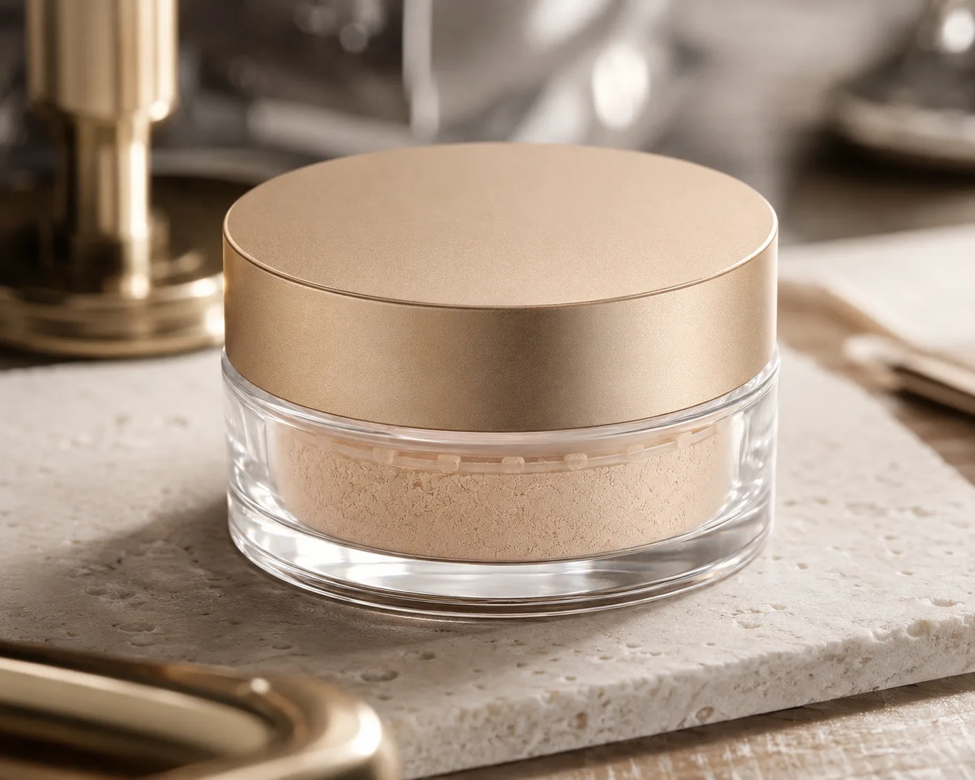 Glass Cosmetic Powder Jar in a coordinated skincare packaging presentation.