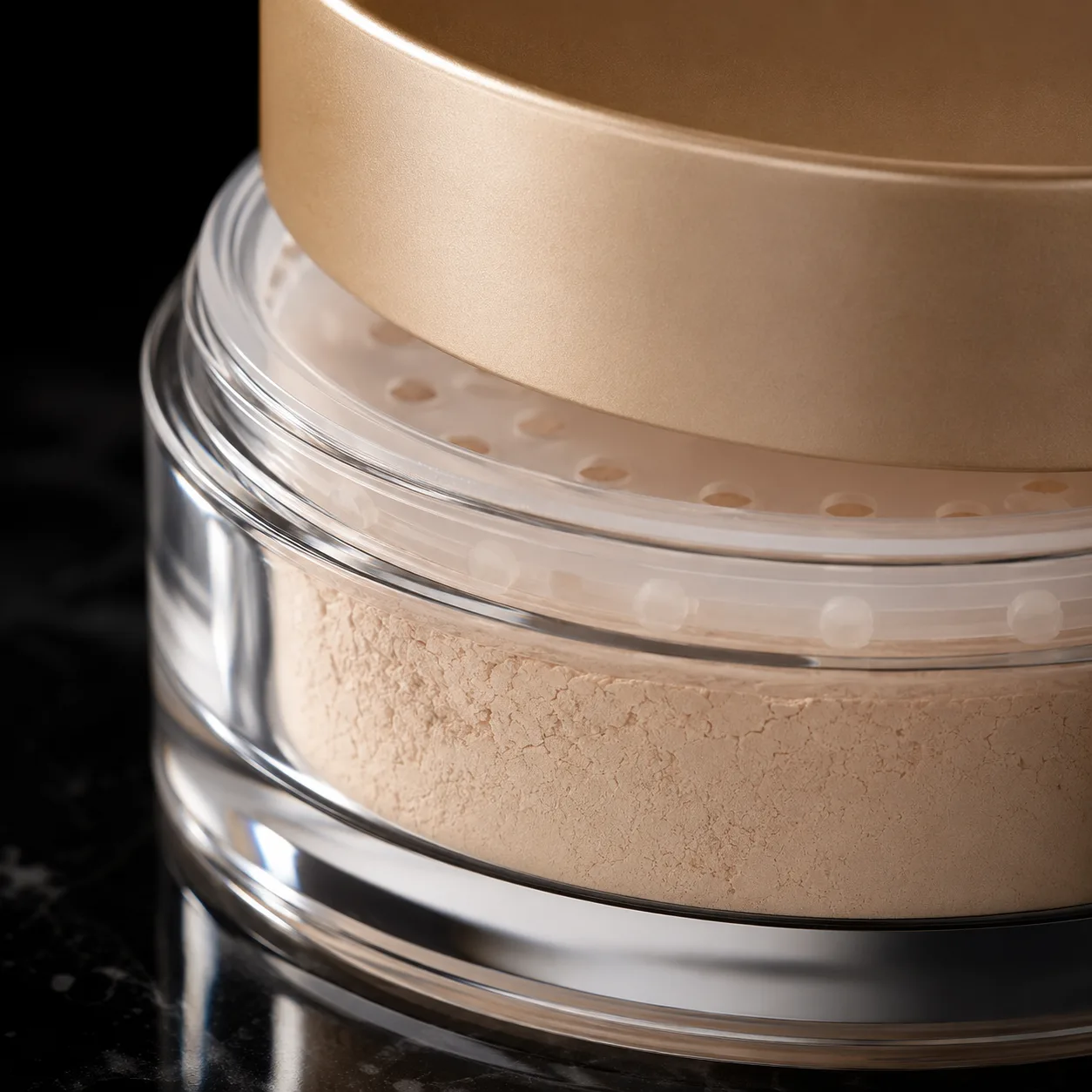 Close view of Glass Cosmetic Powder Jar showing closure area and print / coat / label
