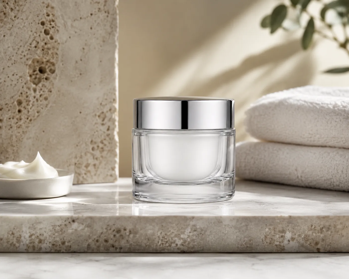 Glas-Creme-Glas in einer Kosmetikverpackungspräsentation für Premium-Cremes und Balsame.