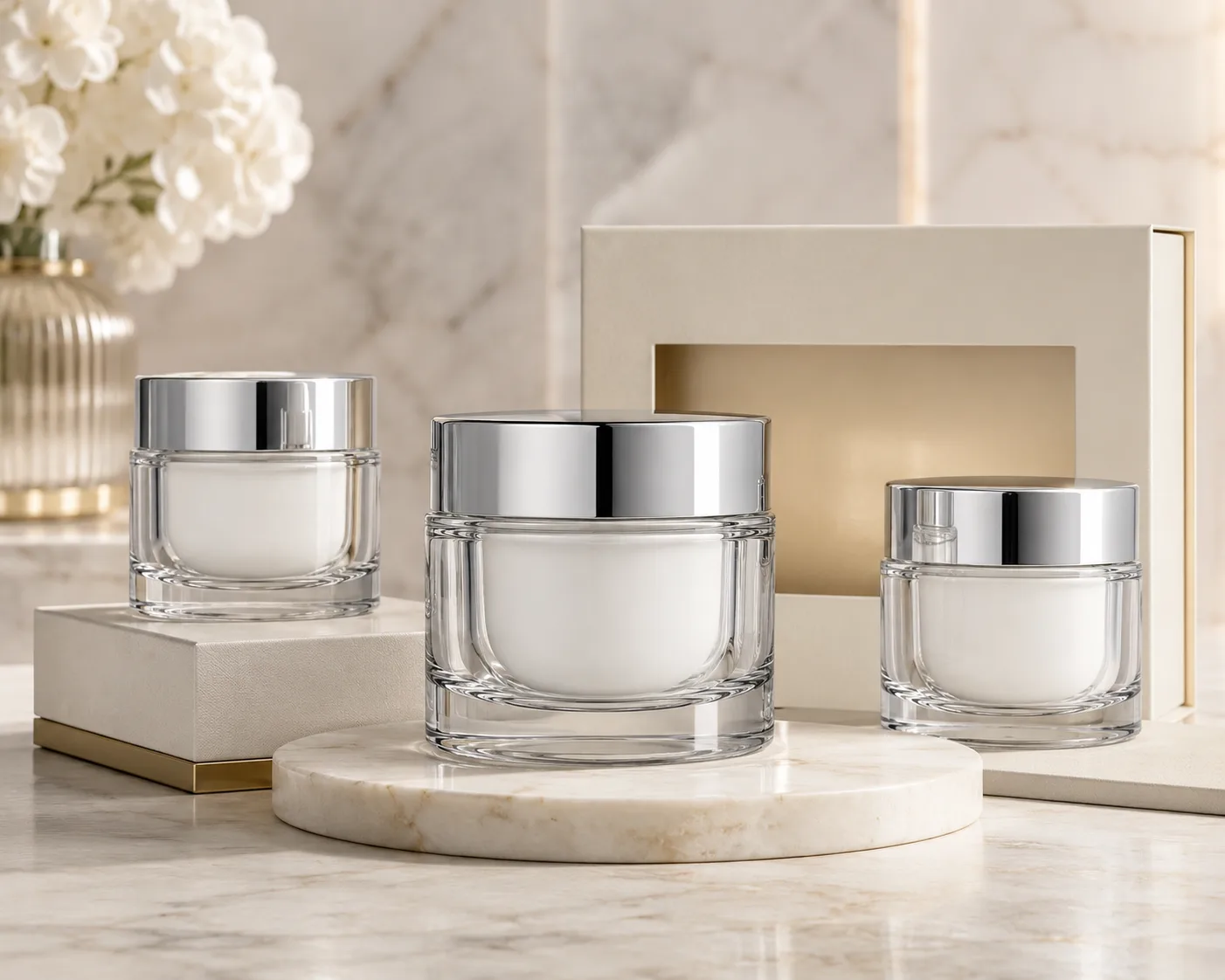 Nahaufnahme des Glas-Creme-Glases mit sichtbarer Oberfläche und Verschlussbereich.