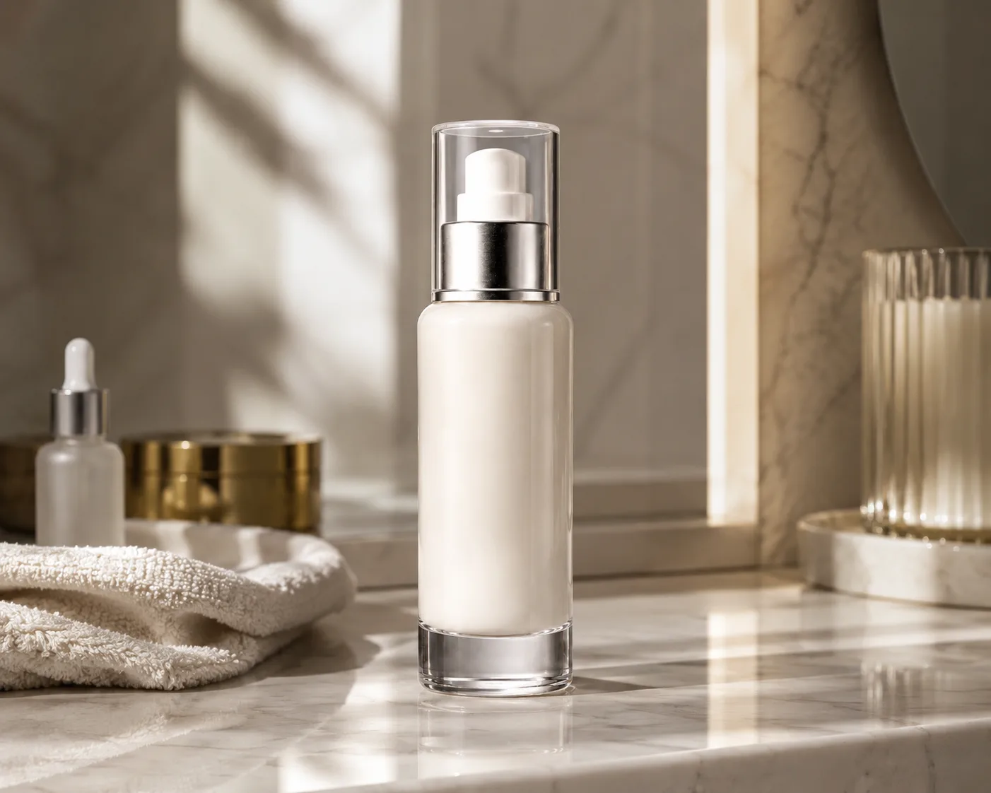 Frasco de Vidro para Essência em uma exibição de embalagem cosmética para séruns e essências de skincare.