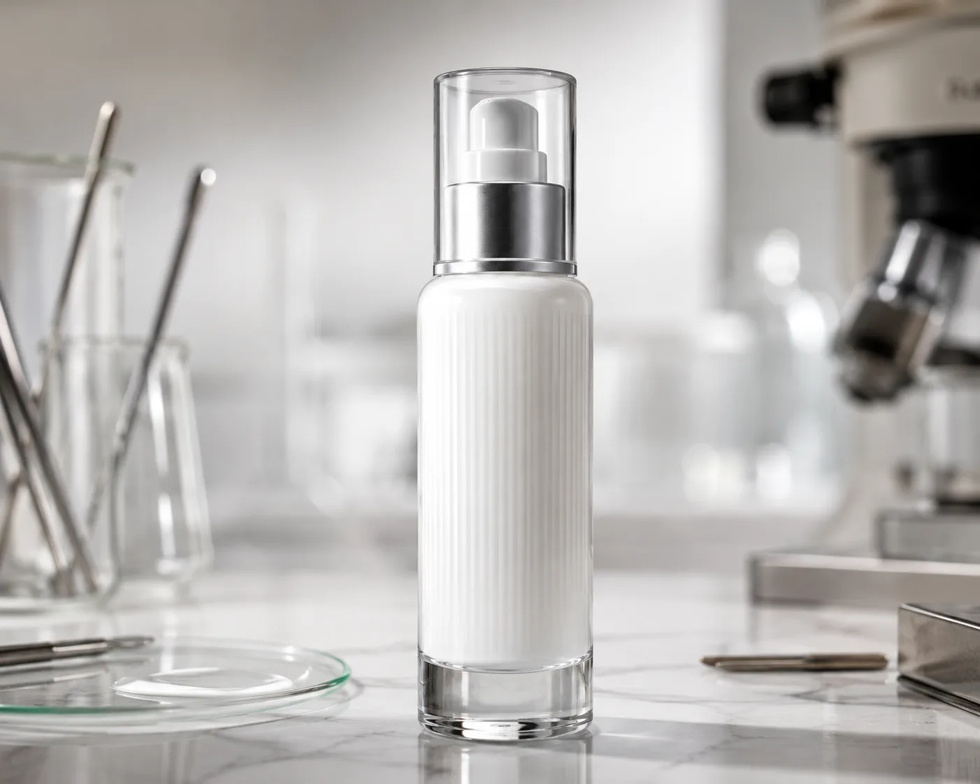 Frasco de Vidro para Essência em uma apresentação coordenada de embalagem de skincare.
