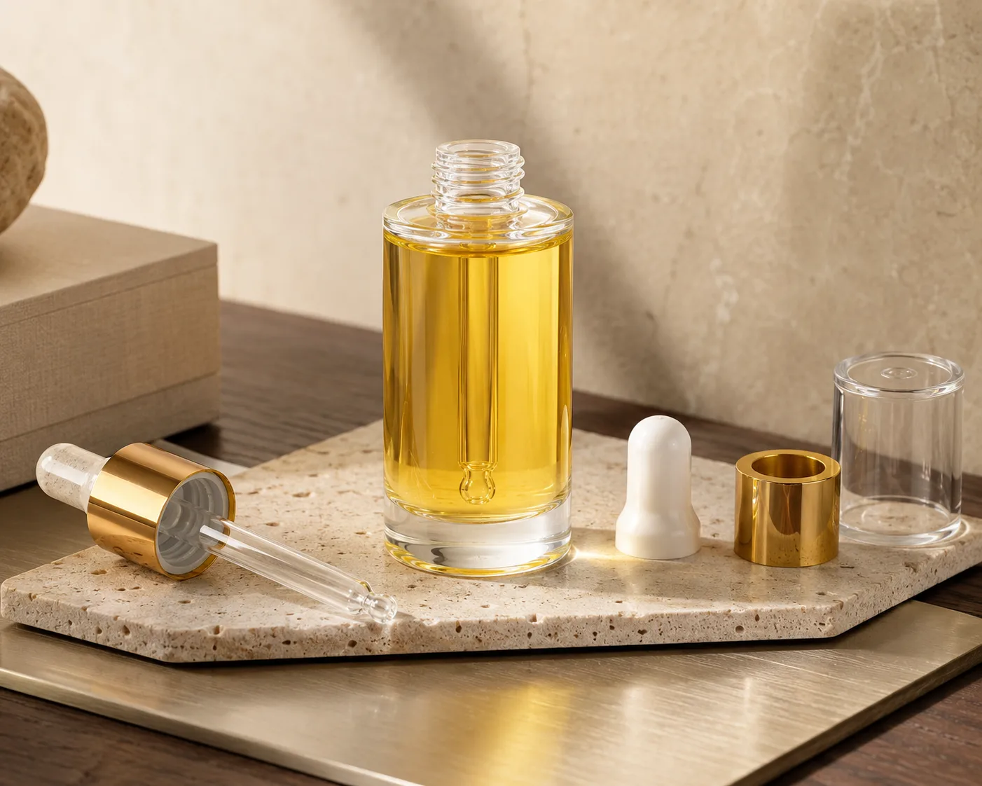 Glasflasche für Gesichtsöl aus einem sekundären Winkel mit sichtbarem Behälterprofil.