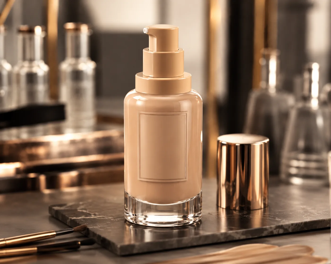 Glass Foundation Bottle in a coordinated skincare packaging presentation.