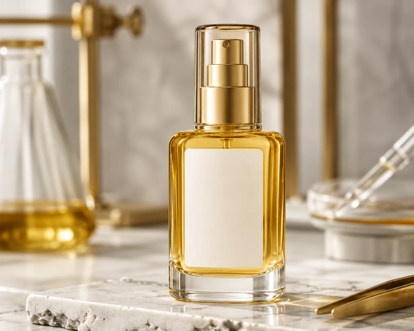 Glass Hair Serum Bottle in a coordinated skincare packaging presentation.