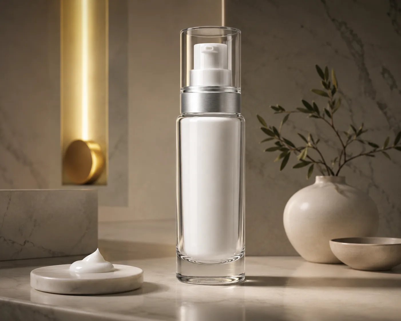 Glass Skincare Bottle in a cosmetic packaging display for skincare lotions and serums.