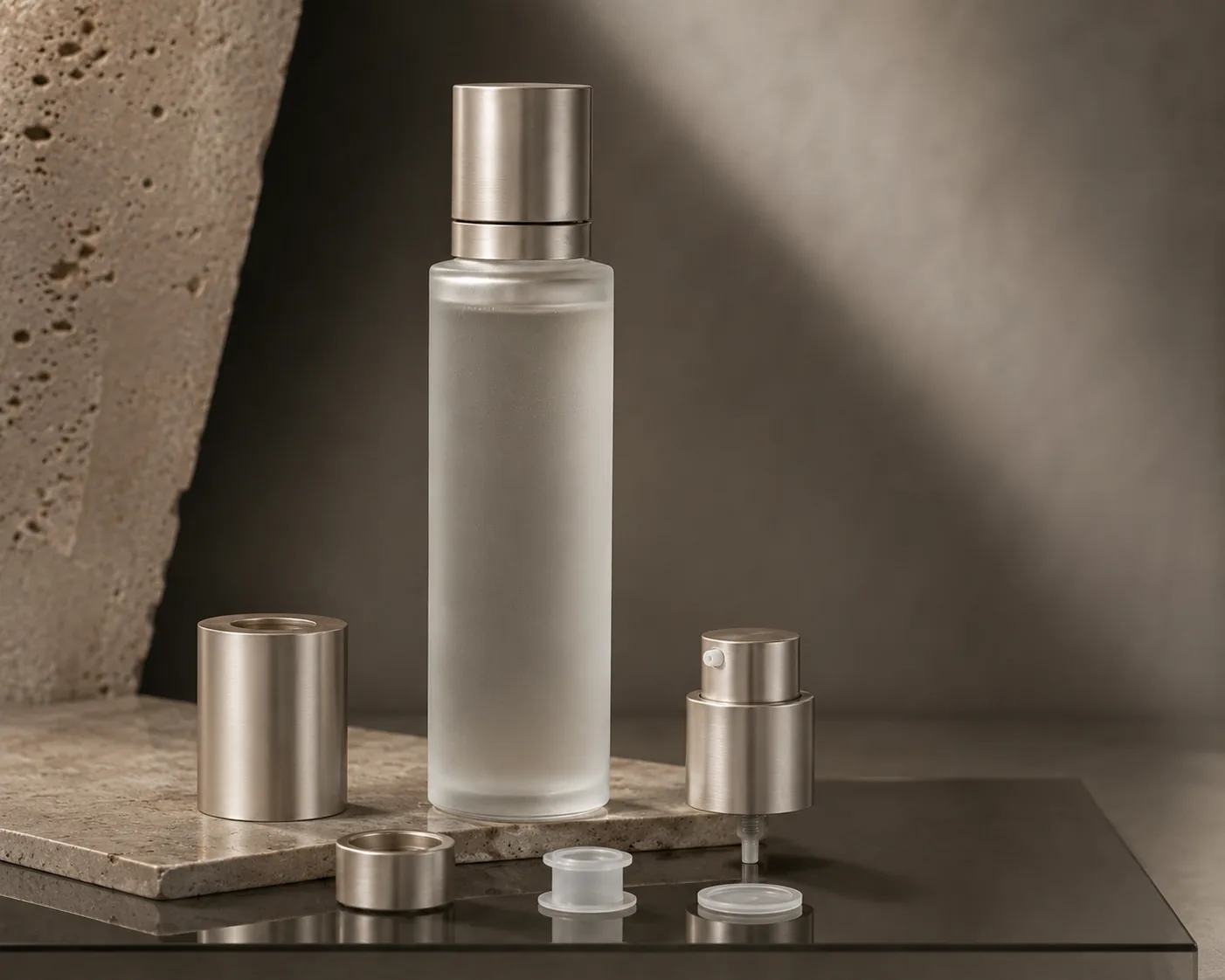 Glastonerflasche aus einem sekundären Winkel mit sichtbarem Behälterprofil.