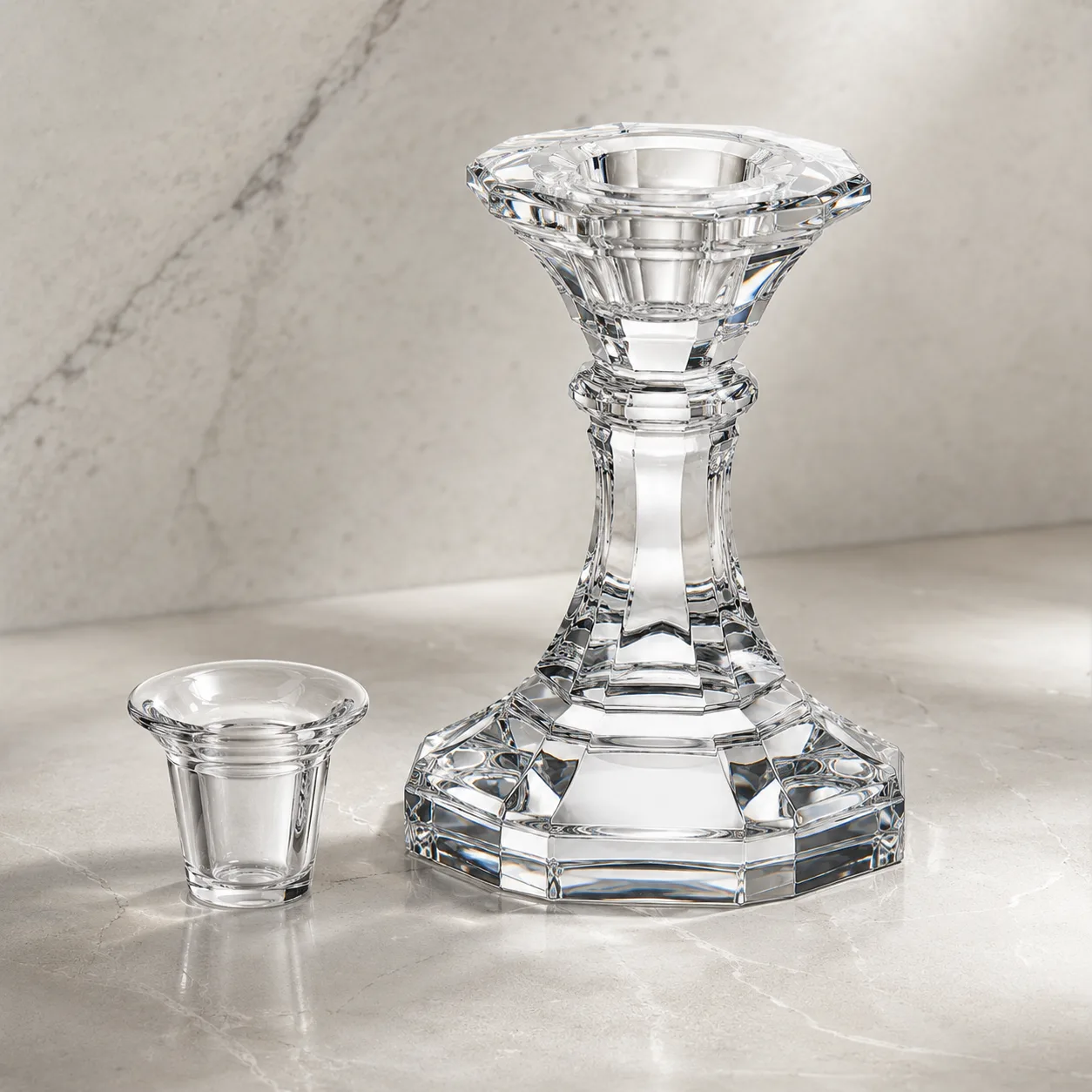 Angled side view of Cut Glass Candle Holder showing the outer profile