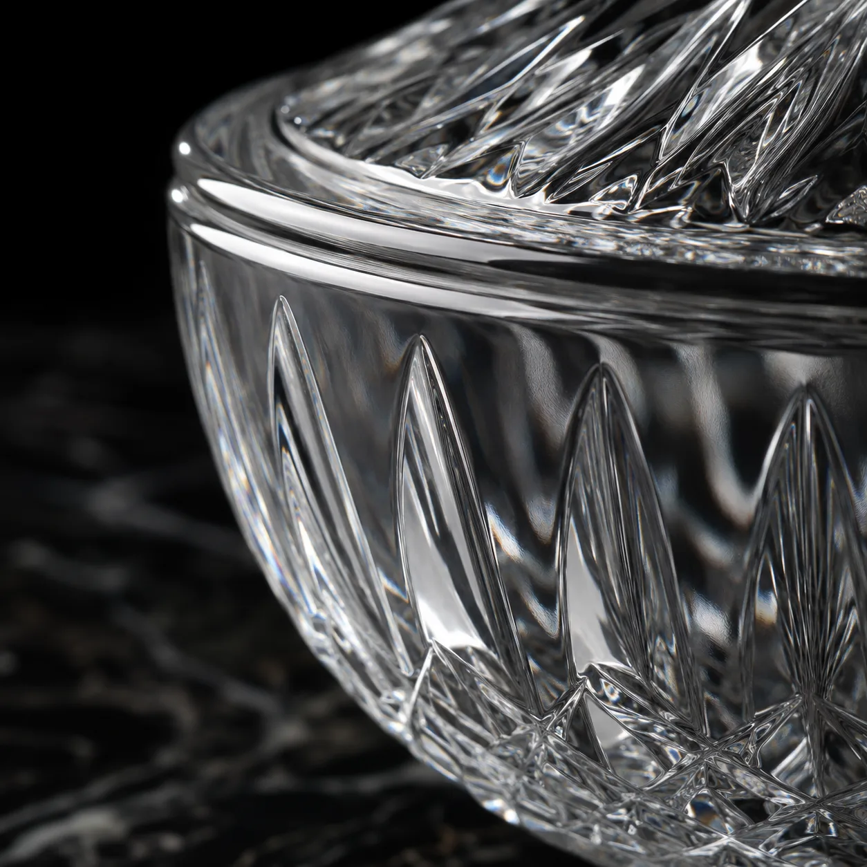 Close view of Cut Glass Candy Dish showing base detail and faceted surface detail