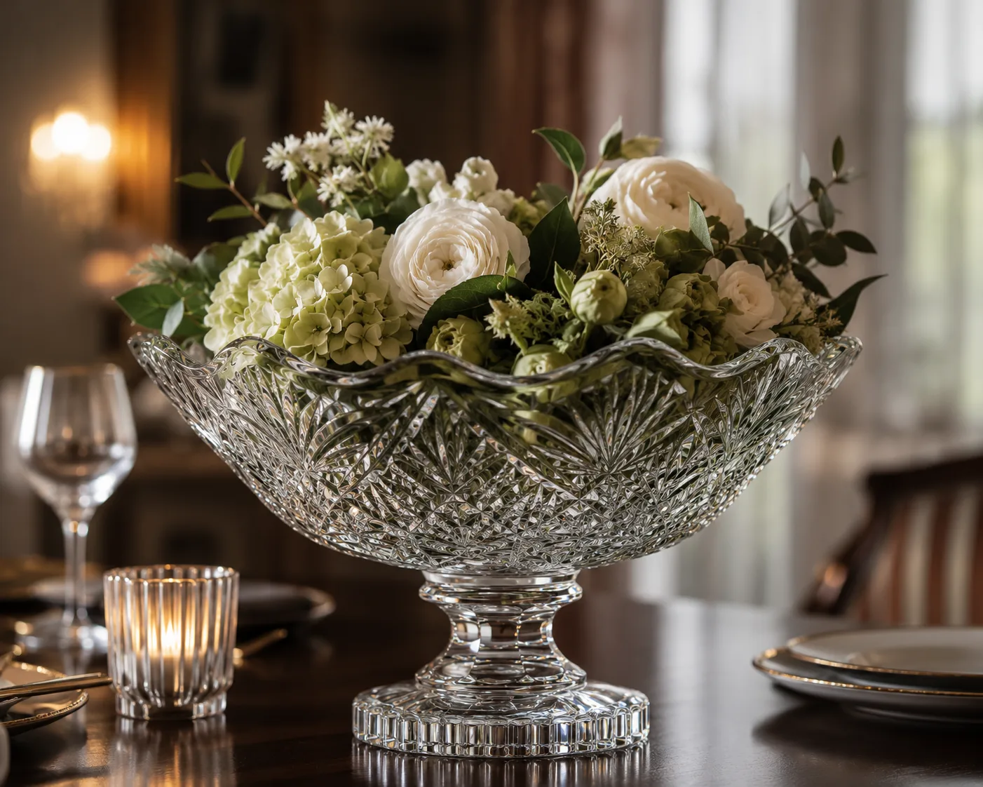 Cuenco de Cristal Tallado para Centro de Mesa en una presentación de mesa para frutas y postres.