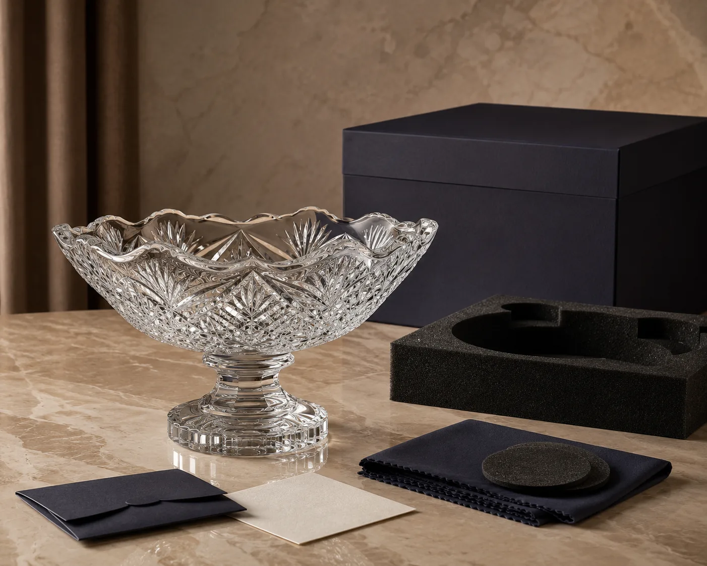 Cuenco de Cristal Tallado para Centro de Mesa mostrado desde un ángulo secundario con la forma general visible.