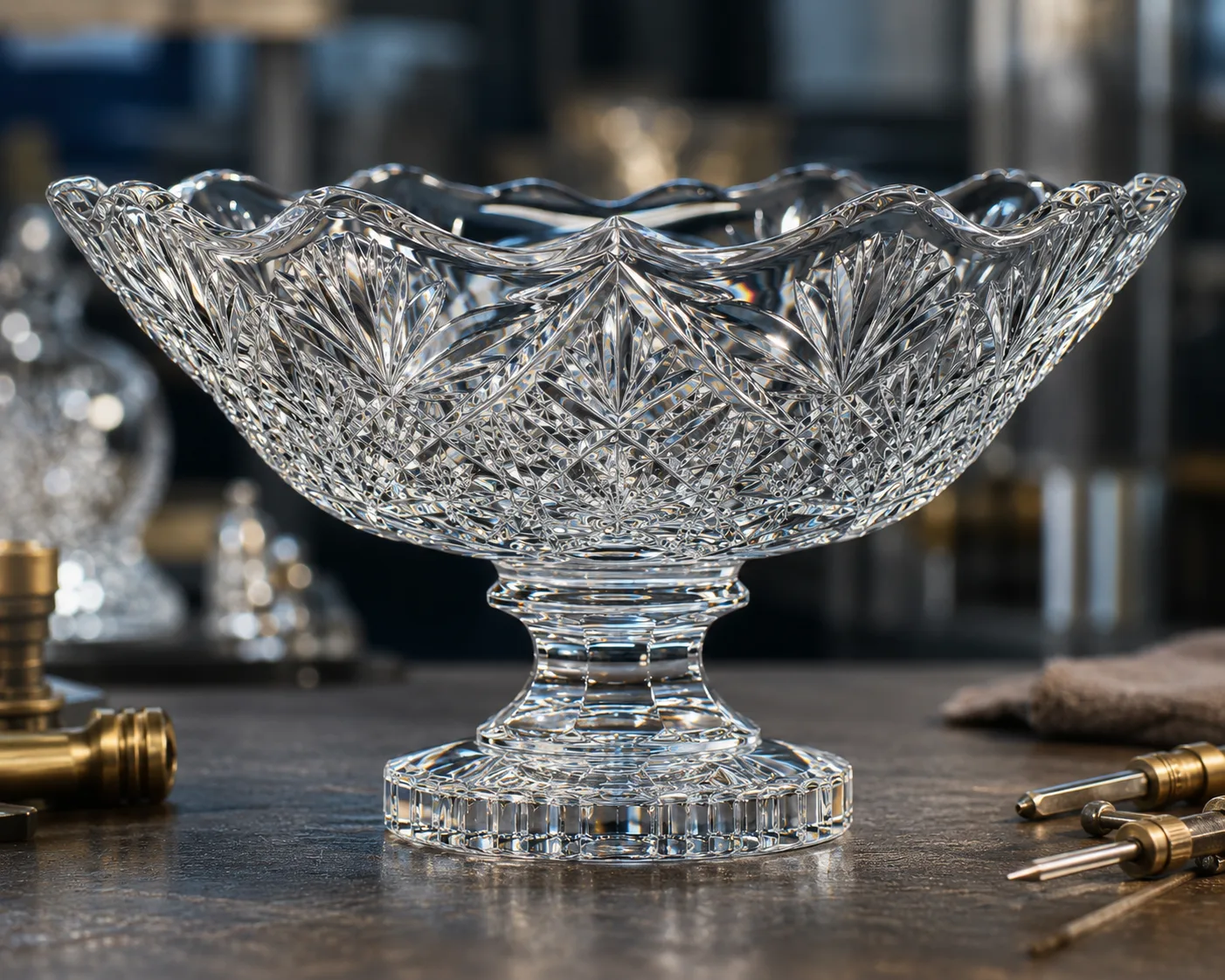 Cuenco de Cristal Tallado para Centro de Mesa en un entorno de exhibición decorativa o de hostelería.