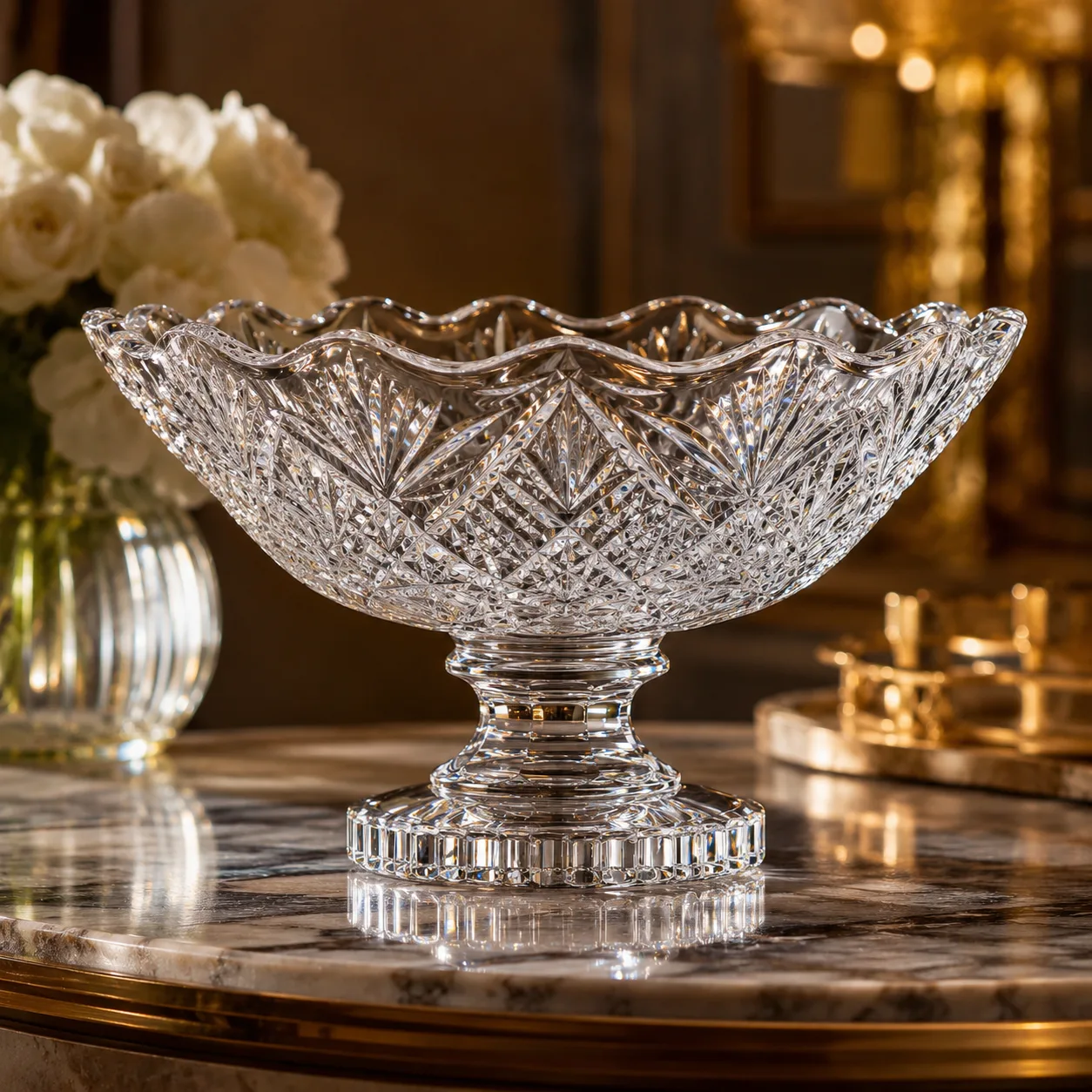 Detail view of Cut Glass Centerpiece Bowl showing rim or base detail