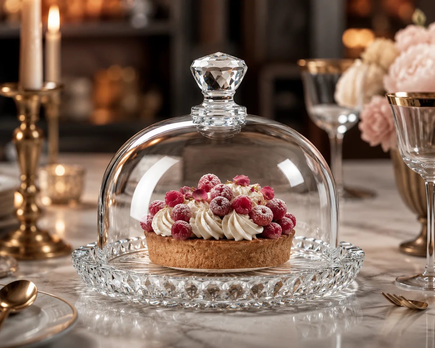Geschliffene Glasglocke in einer Tischpräsentation für abgedeckte Desserts und Auslagen.