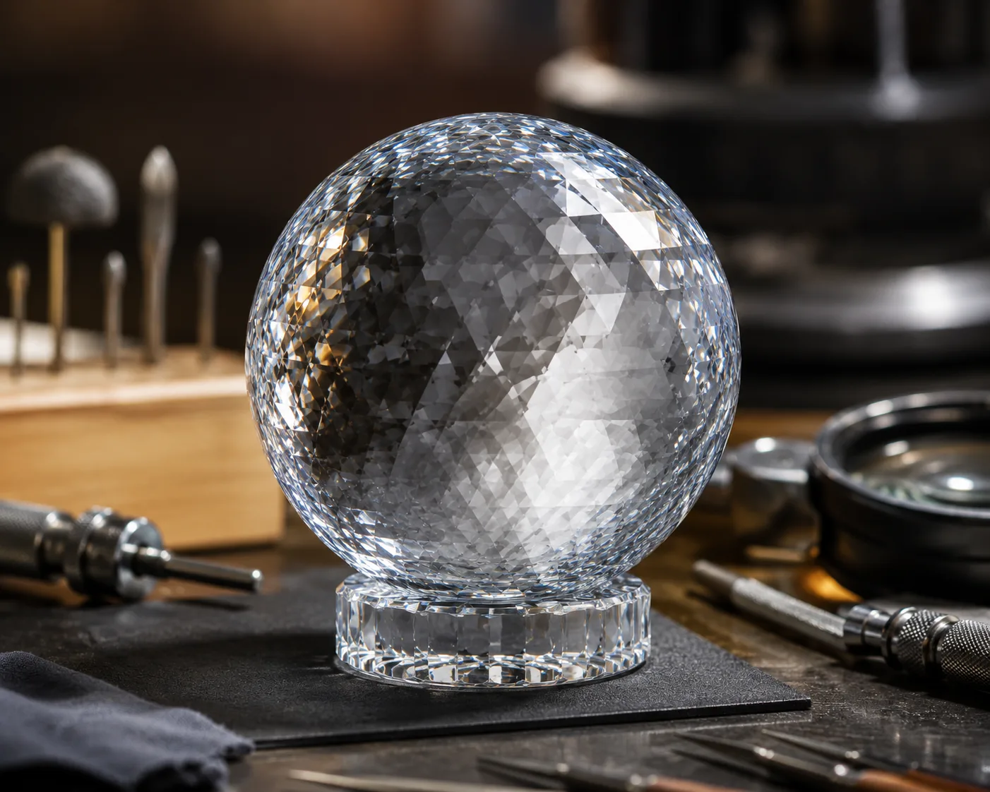 Geschliffene Glas-Dekorkugel in einer Gastronomie- oder Dekorationspräsentation.
