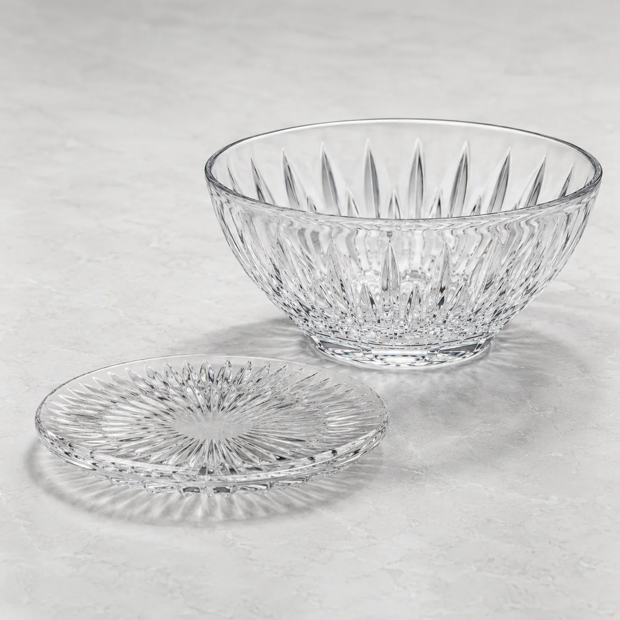 Angled side view of Cut Glass Fruit Bowl showing the outer profile
