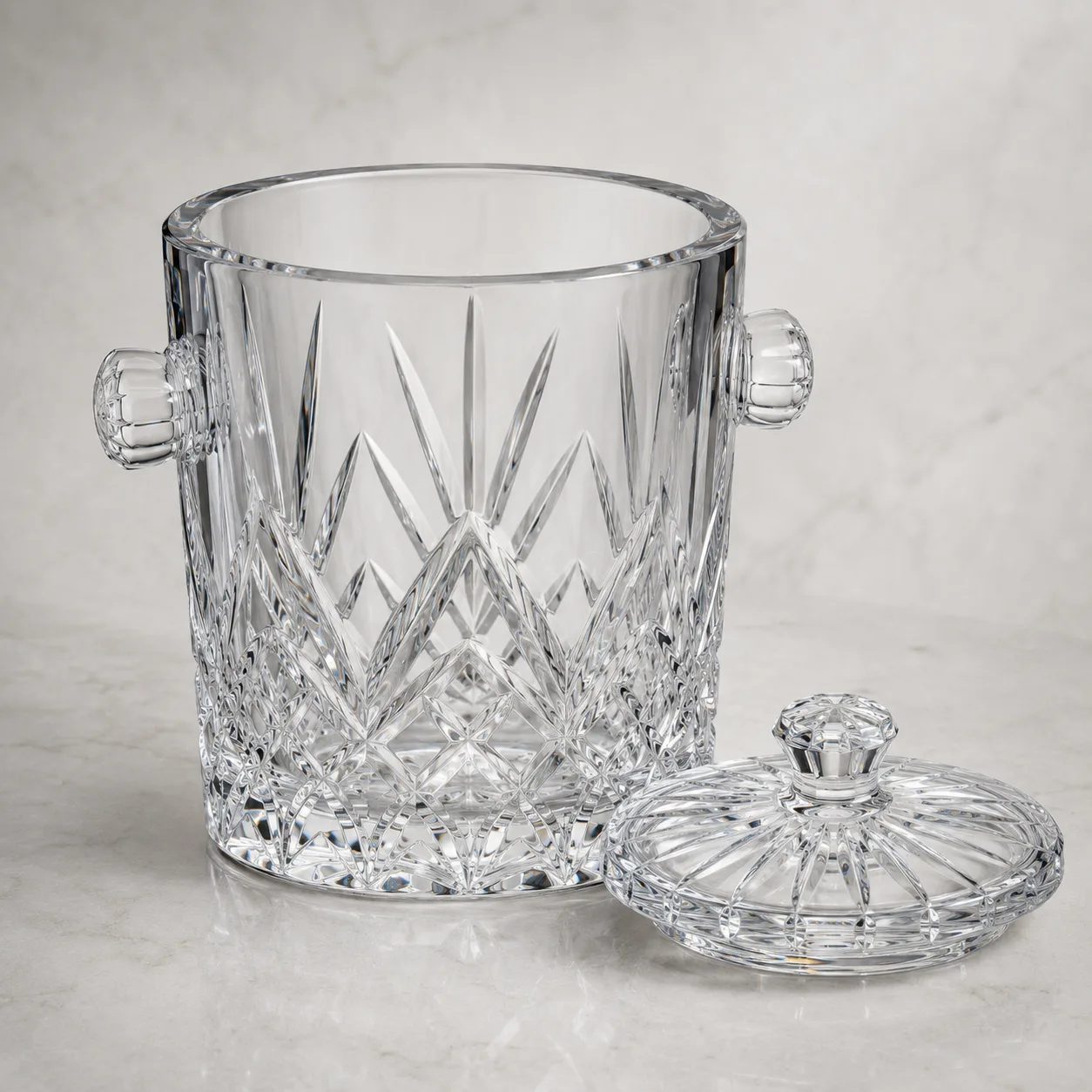 Angled side view of Cut Glass Ice Bucket showing the outer profile