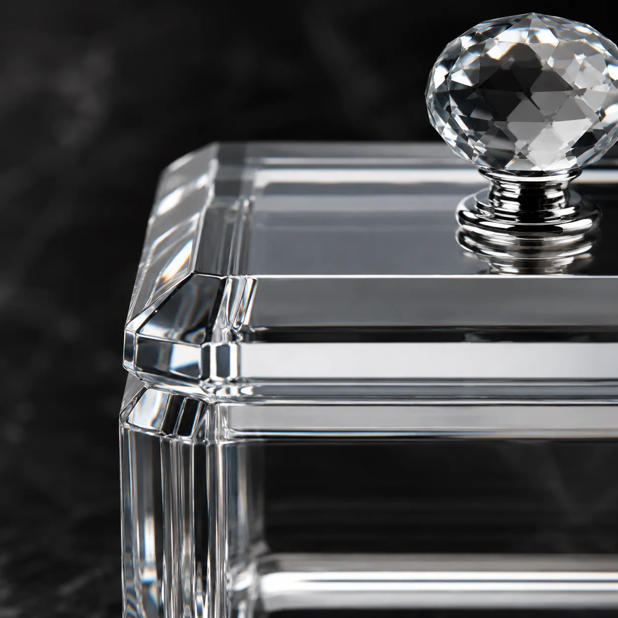 Close view of Cut Glass Jewelry Box showing base detail and faceted surface detail