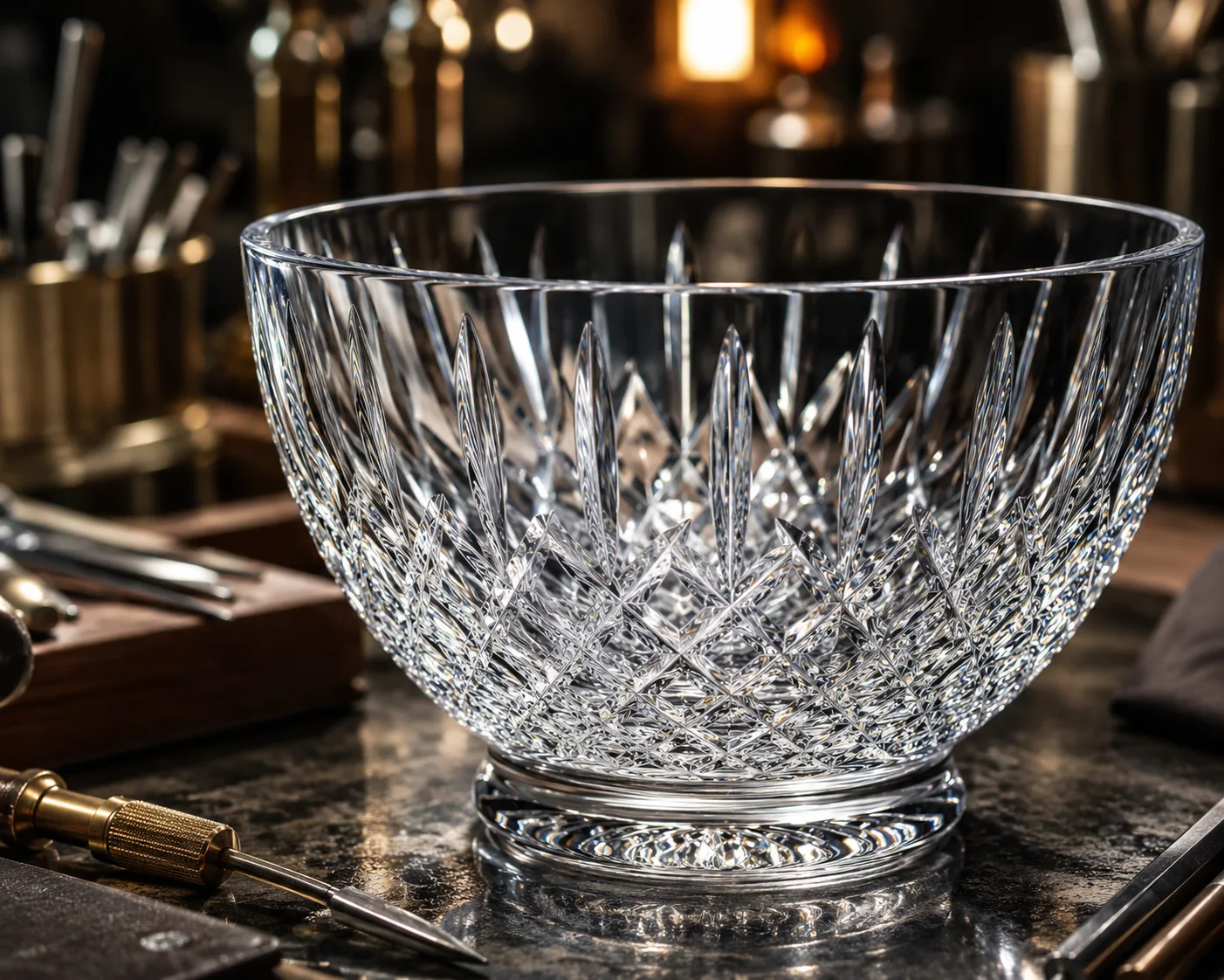Geschliffene Glasschale für Punsch in einer Gastgewerbe- oder Dekorationspräsentation.