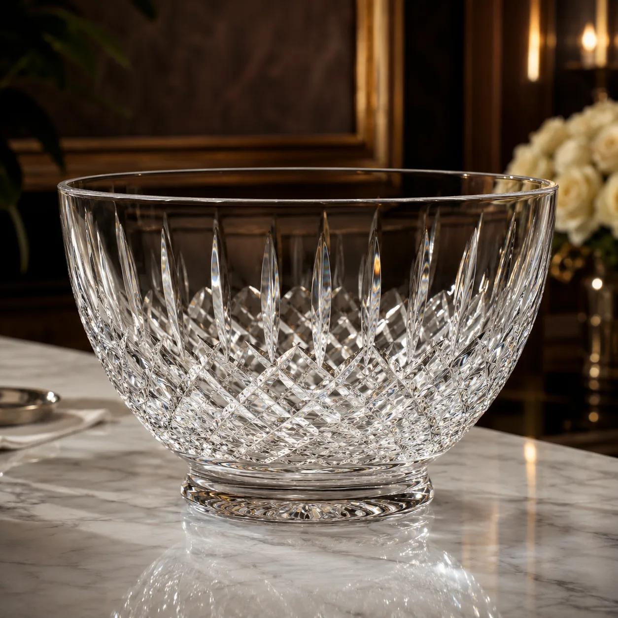 Detail view of Cut Glass Punch Bowl showing rim or base detail