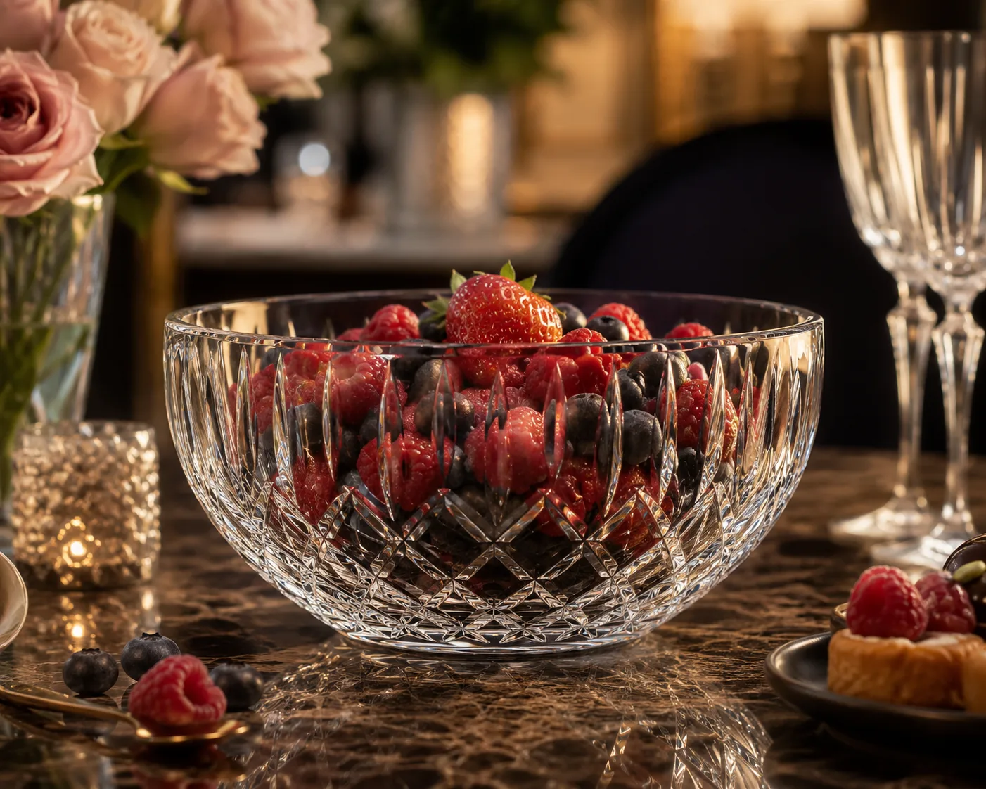 Cut Glass Serving Bowl in a tabletop presentation for fruit and desserts.