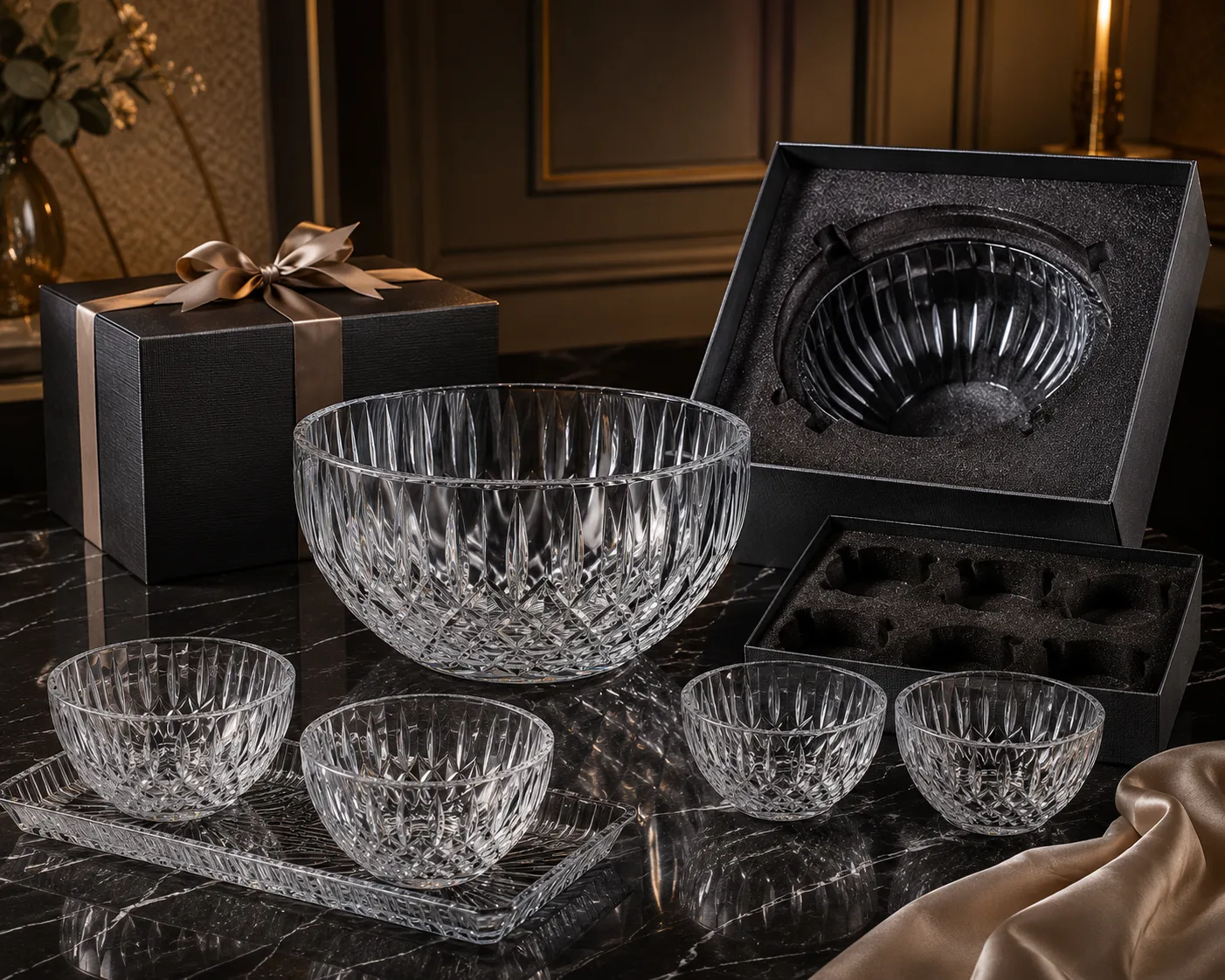 Close-up of Cut Glass Serving Bowl showing the rim, base and faceted detail.