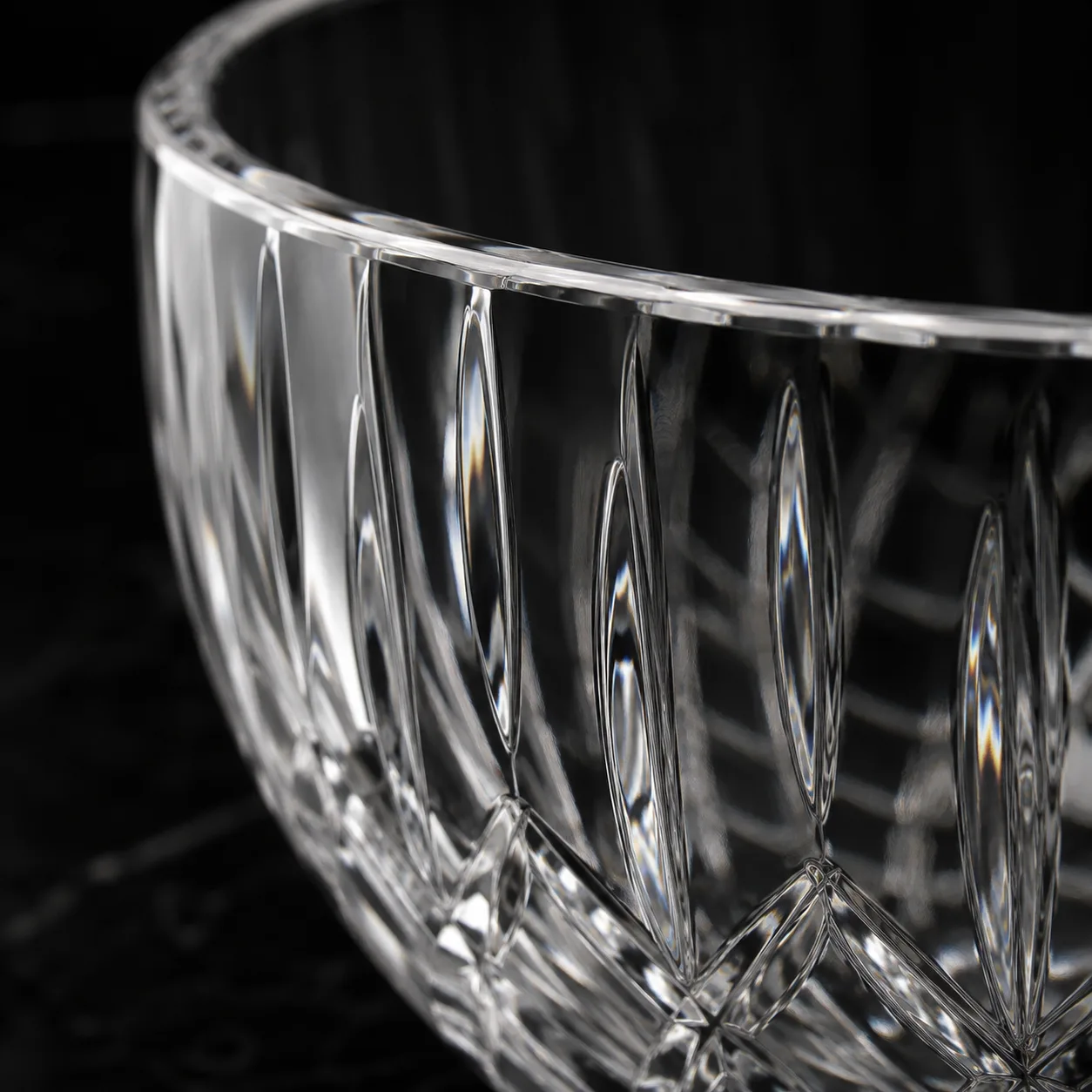 Close view of Cut Glass Serving Bowl showing base detail and faceted surface detail