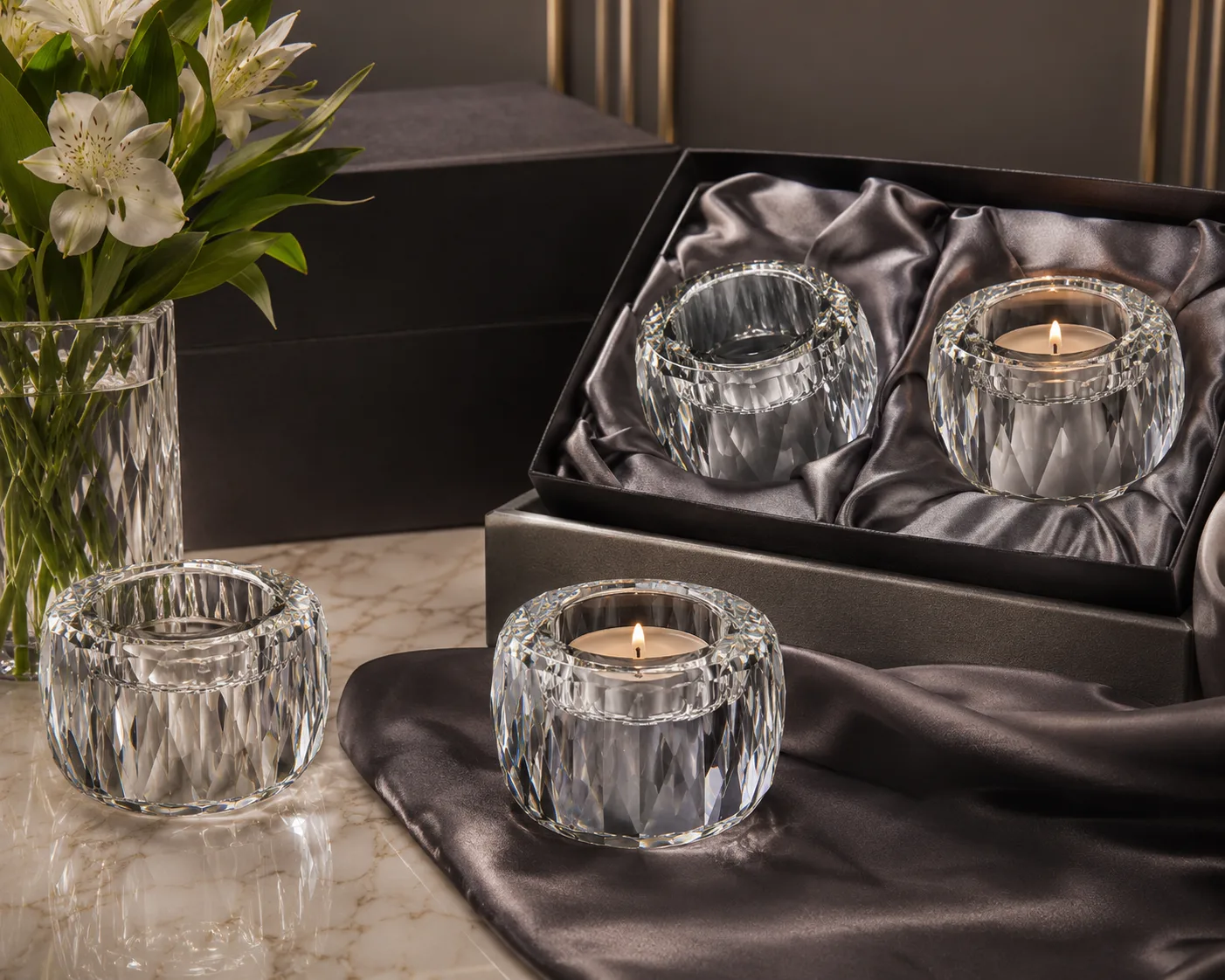 Close-up of Cut Glass Tealight Holder showing the rim, base and faceted detail.