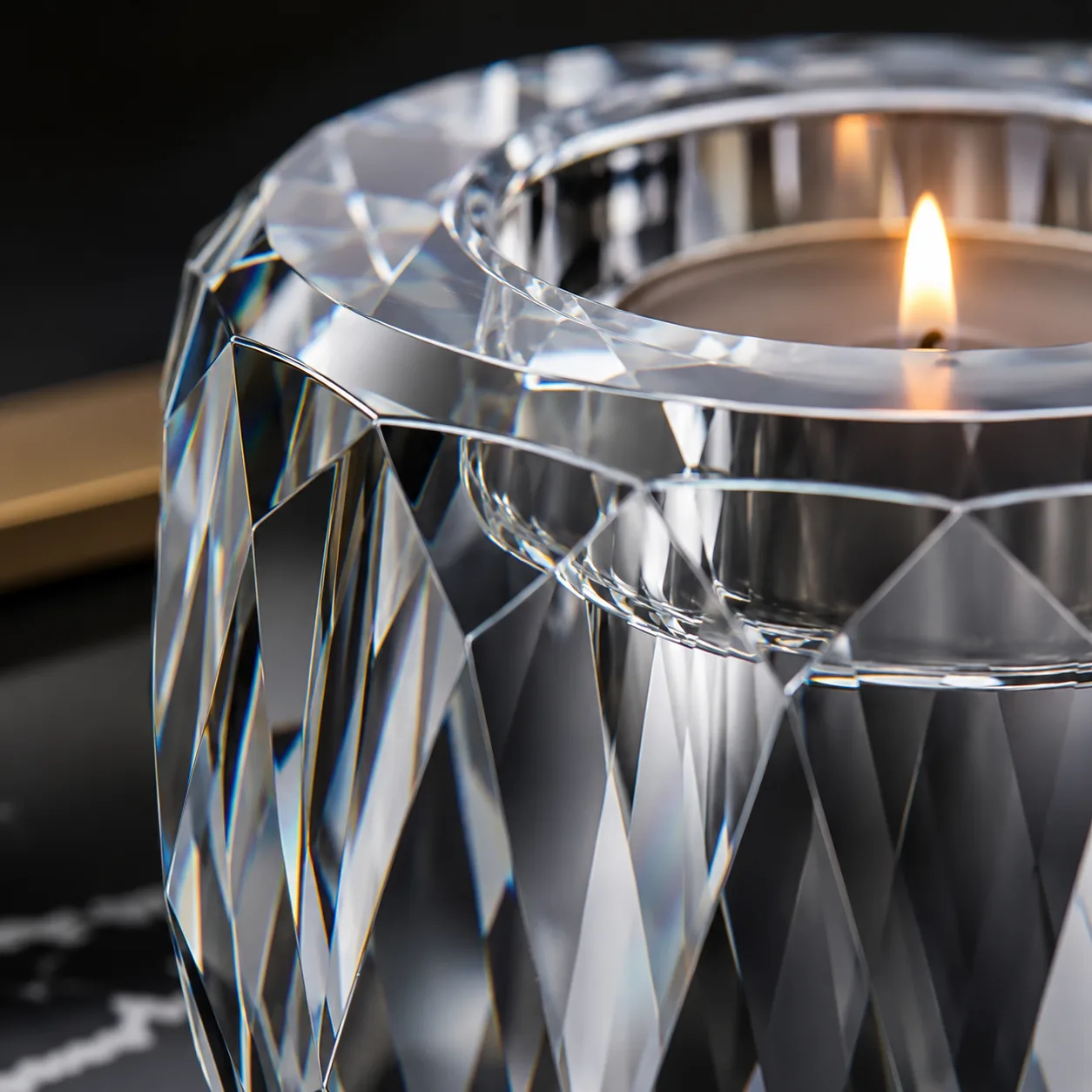 Close view of Cut Glass Tealight Holder showing base detail and faceted surface detail