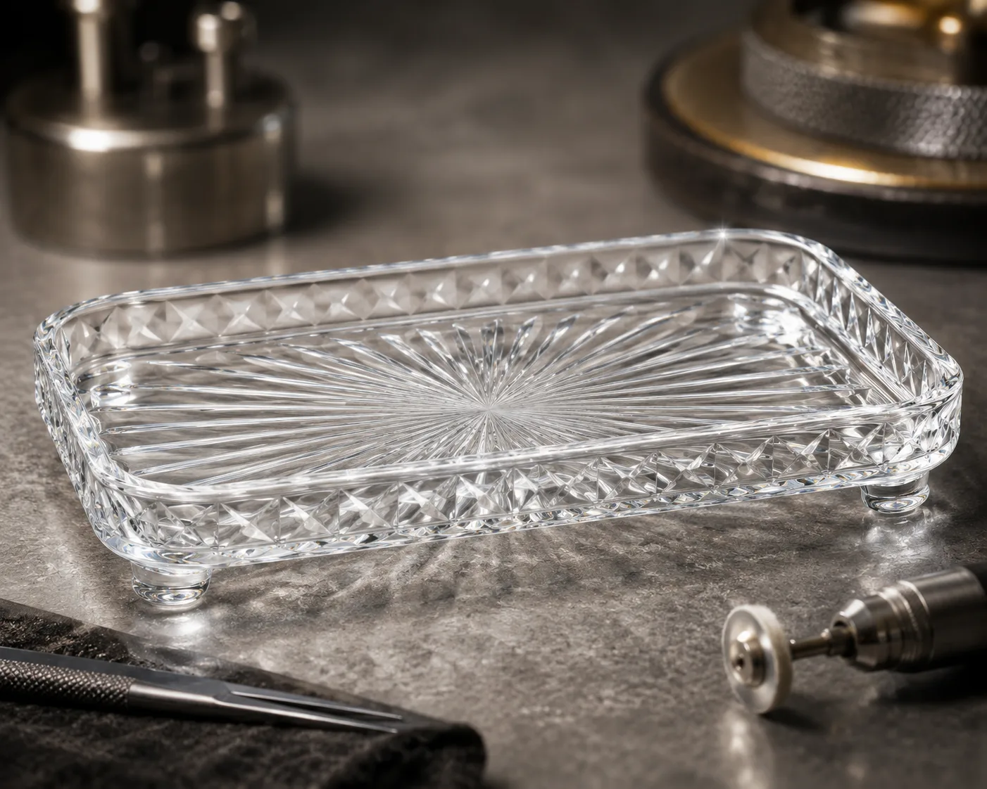 Geschliffenes Glas Schminktablett-Ablage in einem Gastronomie- oder Dekorationsumfeld.
