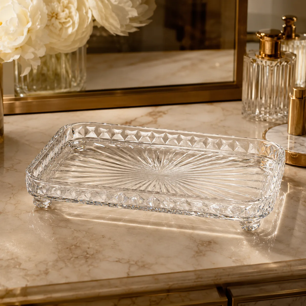 Detail view of Cut Glass Vanity Tray showing rim or base detail