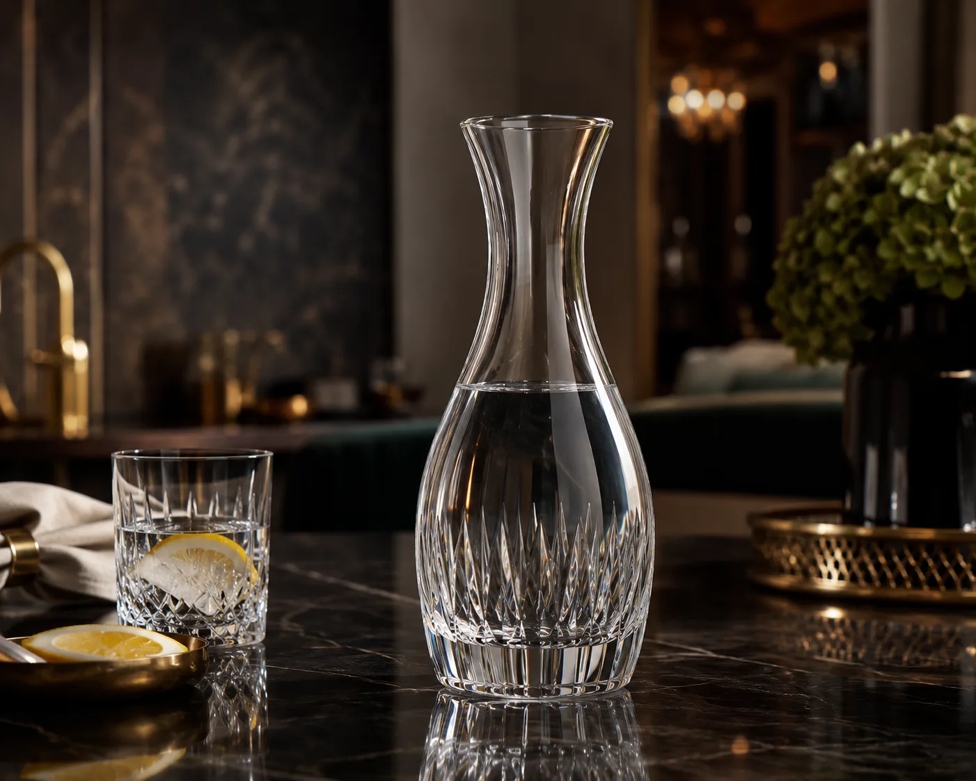 Cut Glass Water Carafe in a tabletop presentation for water service and hospitality table settings.
