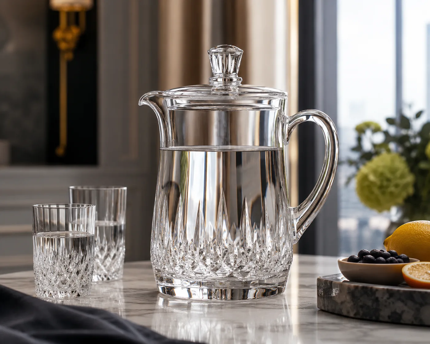 Cut Glass Water Pitcher in a tabletop presentation for water and beverage service for hospitality settings.