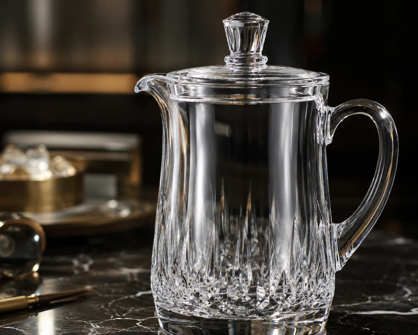 Cut Glass Water Pitcher in a hospitality or decorative display setting.