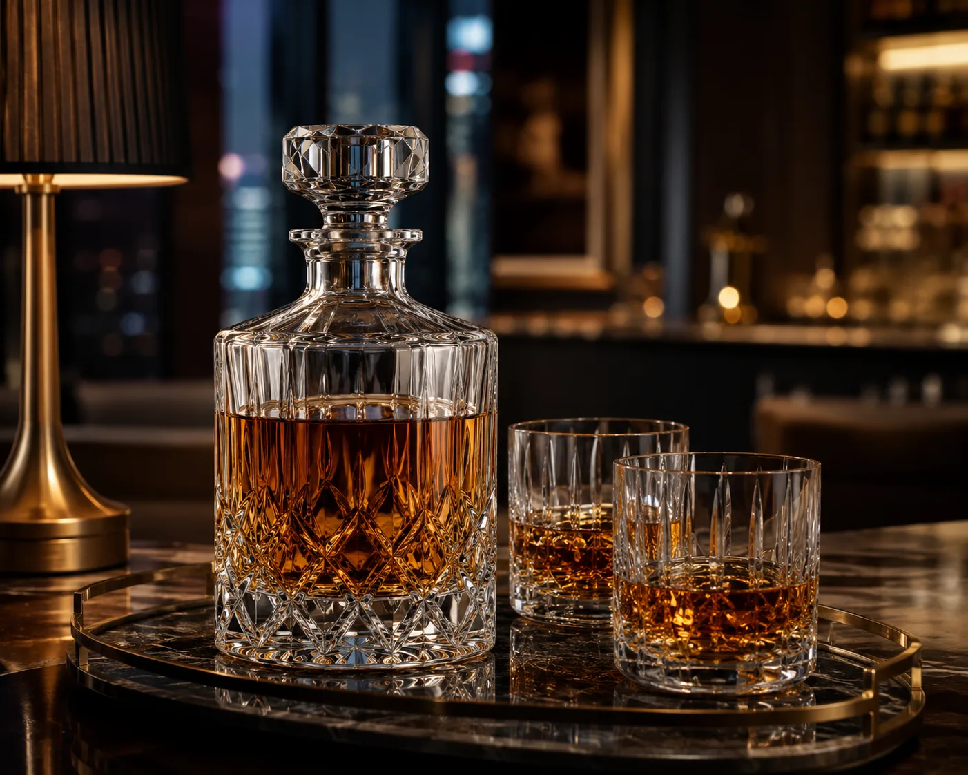 Geschliffene Glas-Whiskeykaraffe in einer Tischpräsentation für Whiskey-Ausschank und Bar-Präsentation.