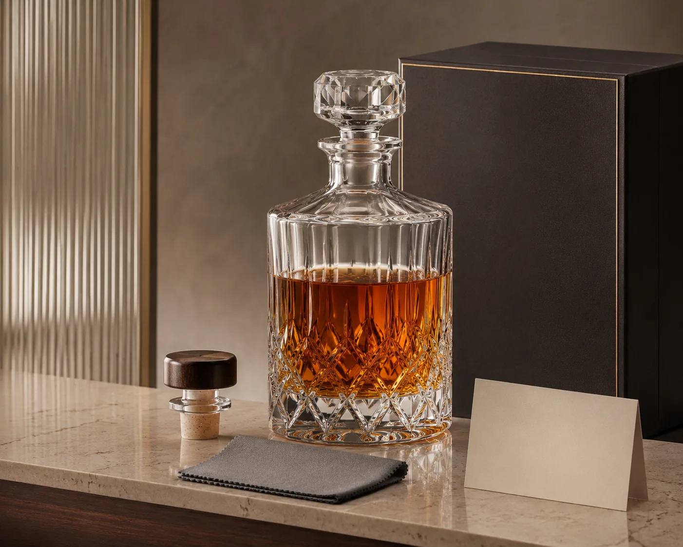 Geschliffene Glas-Whiskeykaraffe aus einem sekundären Winkel mit sichtbarer Gesamtform.