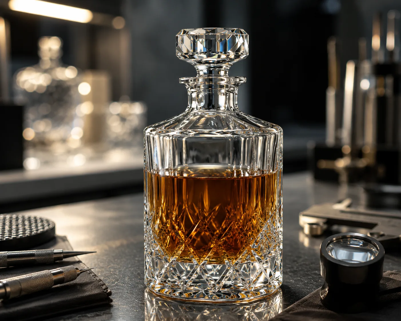 Geschliffene Glas-Whiskeykaraffe in einem Gastronomie- oder Dekorations-Präsentationsumfeld.