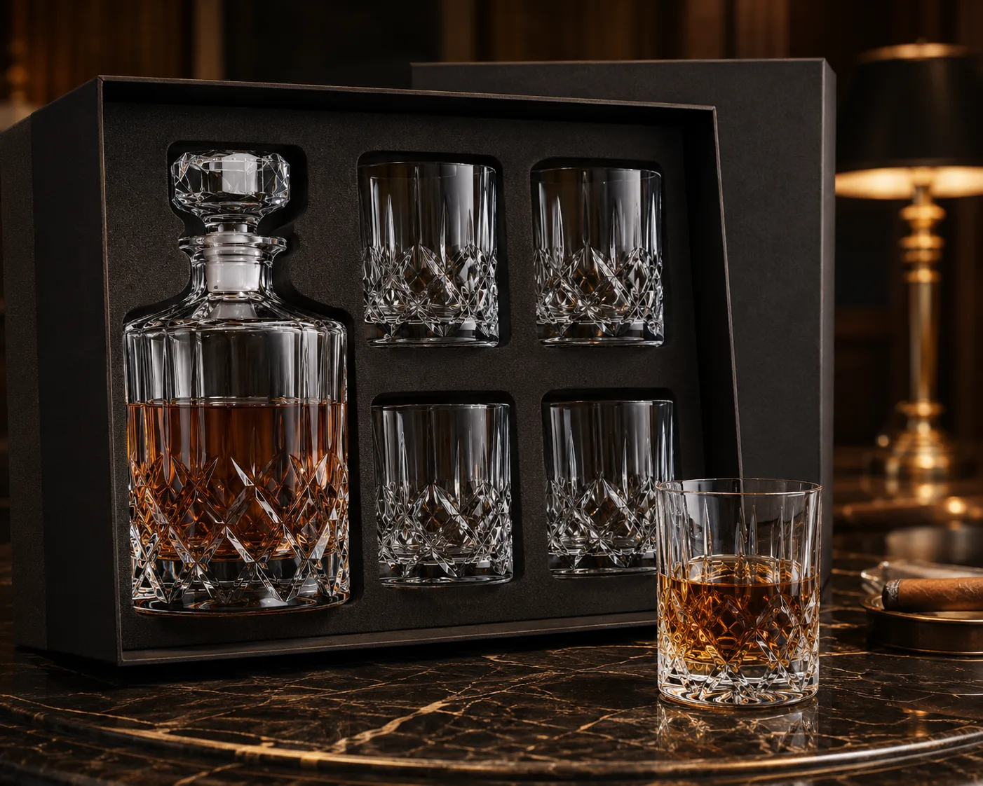 Nahaufnahme der geschliffenen Glas-Whiskeykaraffe mit sichtbarem Rand, Boden und Facettendetail.