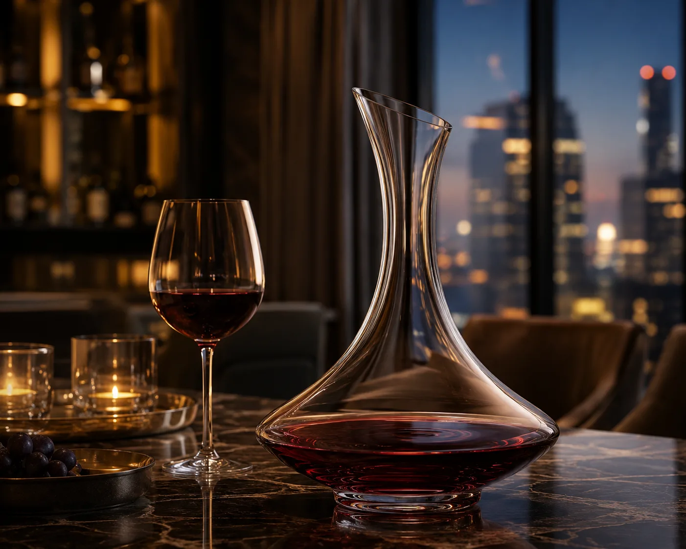 Geschliffene Glas-Weinkaraffe in einer Tischpräsentation für Weinbelüftung und Servieren.
