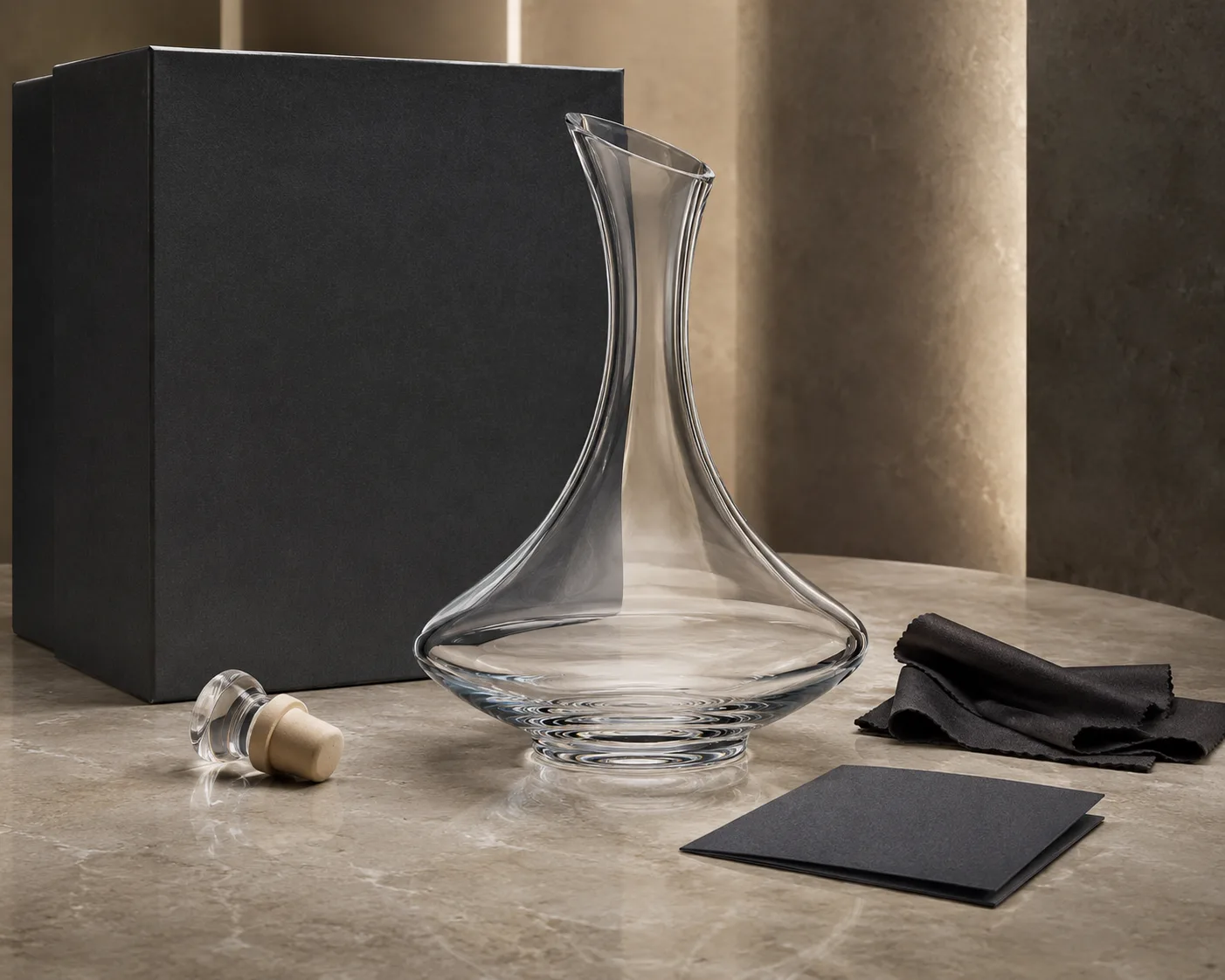 Geschliffene Glas-Weinkaraffe aus einem sekundären Winkel mit sichtbarer Gesamtform.