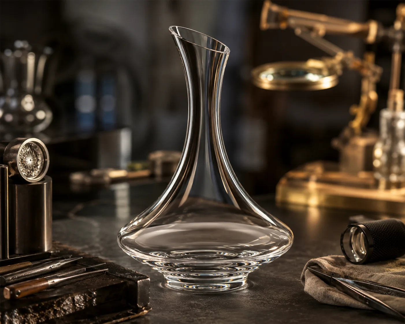 Geschliffene Glas-Weinkaraffe in einem Gastgewerbe- oder Dekorations-Präsentationsumfeld.