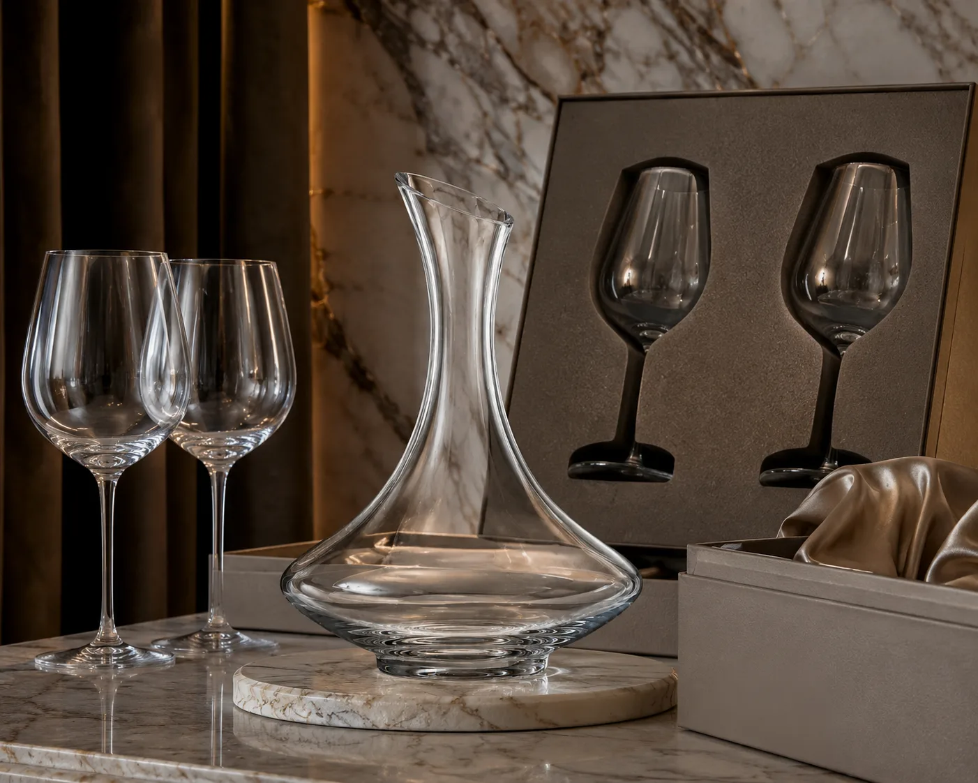 Nahaufnahme der geschliffenen Glas-Weinkaraffe mit Rand, Boden und Facettendetail.