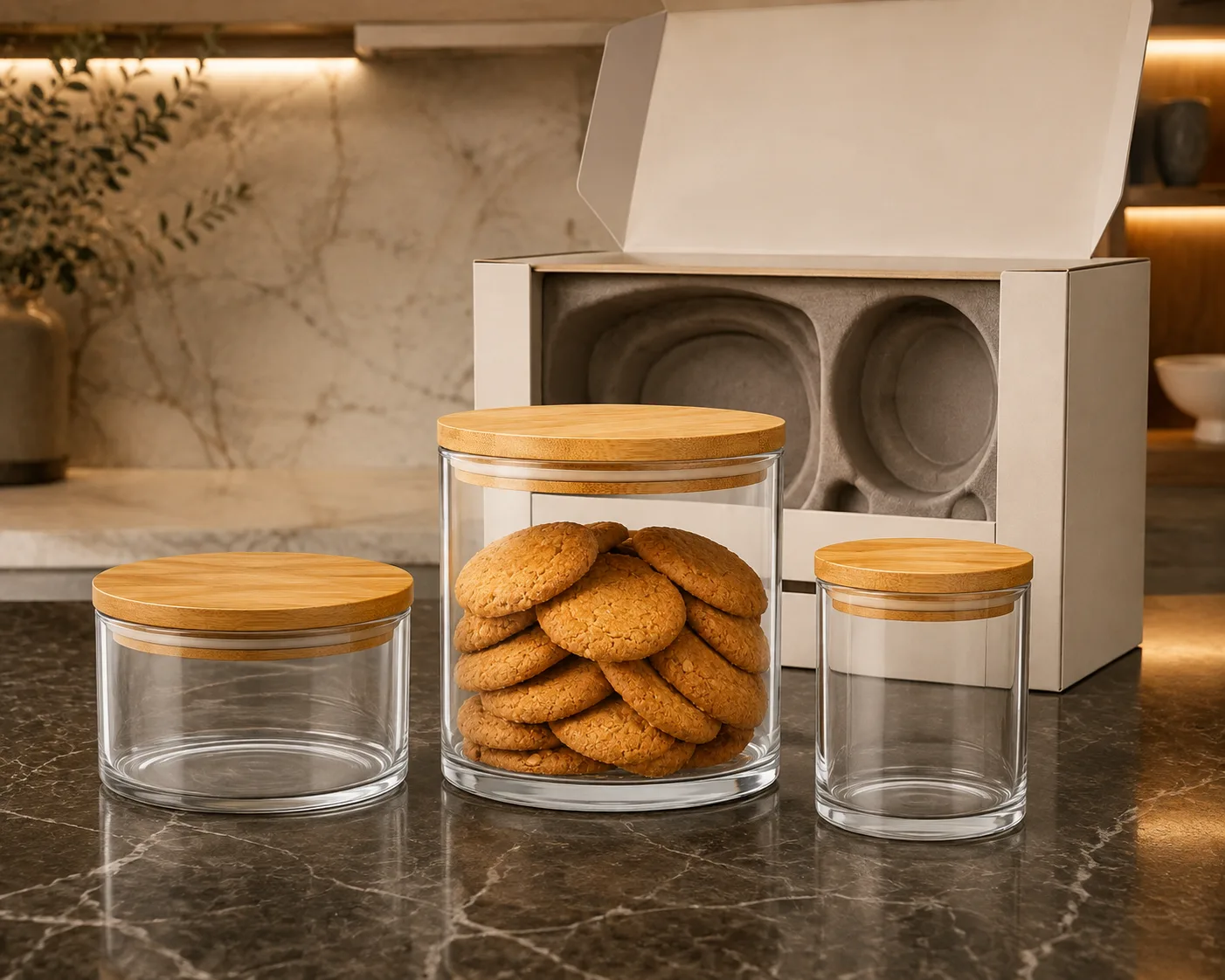 Close-up of Biscuit Storage Jar showing the glass body, rim and base detail.