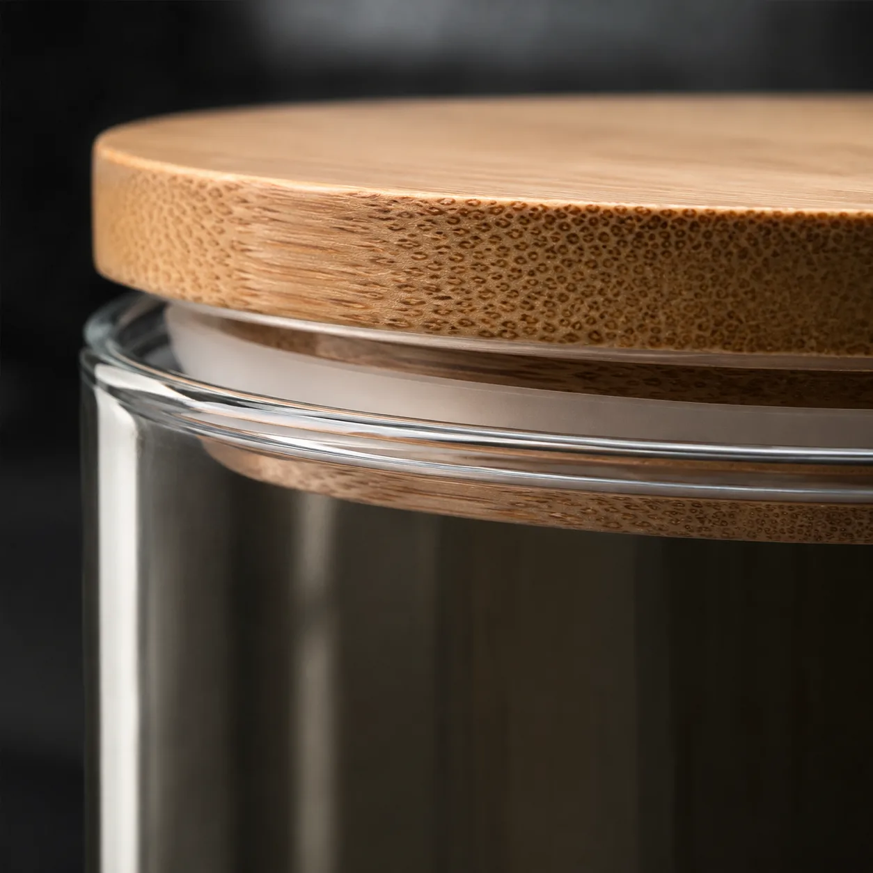 Close view of Biscuit Storage Jar showing glass wall and label / lid branding