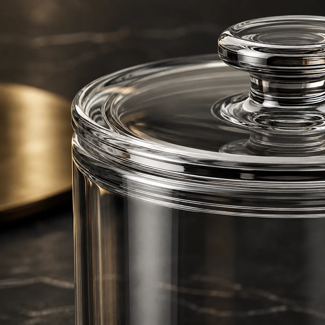 Close view of Candy Jar showing glass wall and label / lid branding
