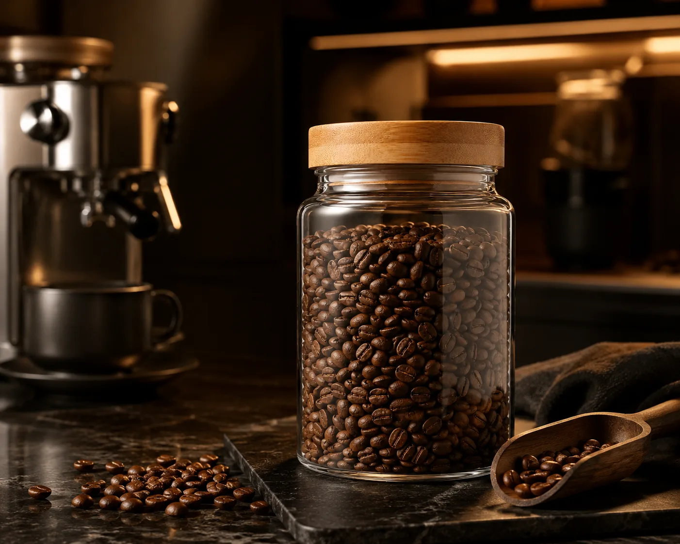 Coffee Storage Jar in a kitchen or food-storage setting for coffee beans and ground coffee.
